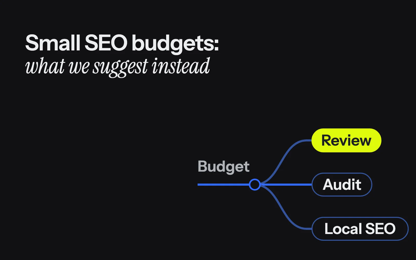 A budget that branches into three options: a free review, an audit or a local SEO scope