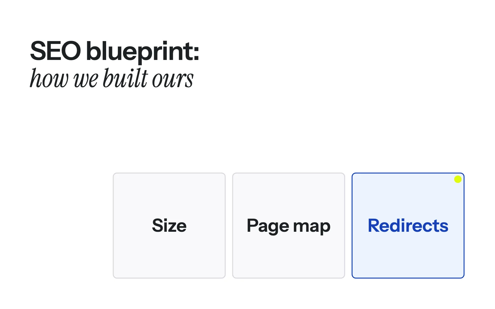 Three equal columns for the steps of the plan, sizing the searches, mapping one page to each and redirecting the old URLs, with the last column filled