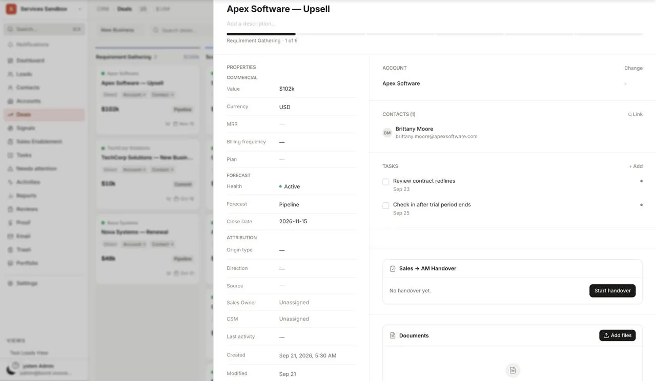 A Bond deal record: value, stage, close date, the linked contacts and tasks, and the activity timeline in one panel. Sandbox workspace, sample names.