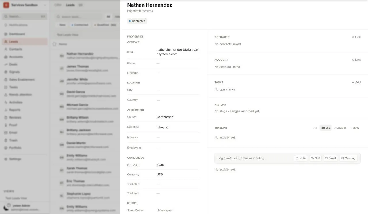 A Bond lead record: contact details, status, source and owner, with the activity timeline and next steps in one panel. Sandbox workspace, sample names.