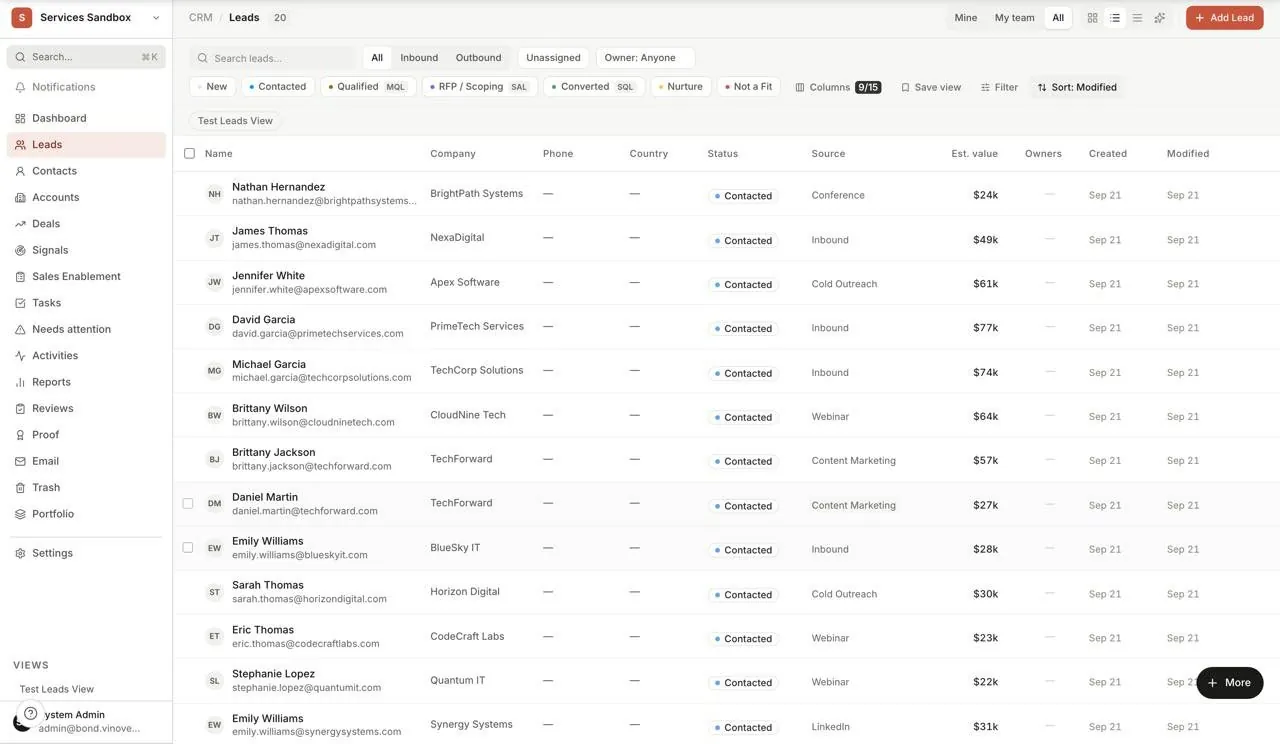 Bond Leads list: status filters from new through contacted, qualified, RFP, converted, nurture and not a fit, and a table of leads with company, status, source, estimated value, owner and dates. Sandbox workspace, sample names.