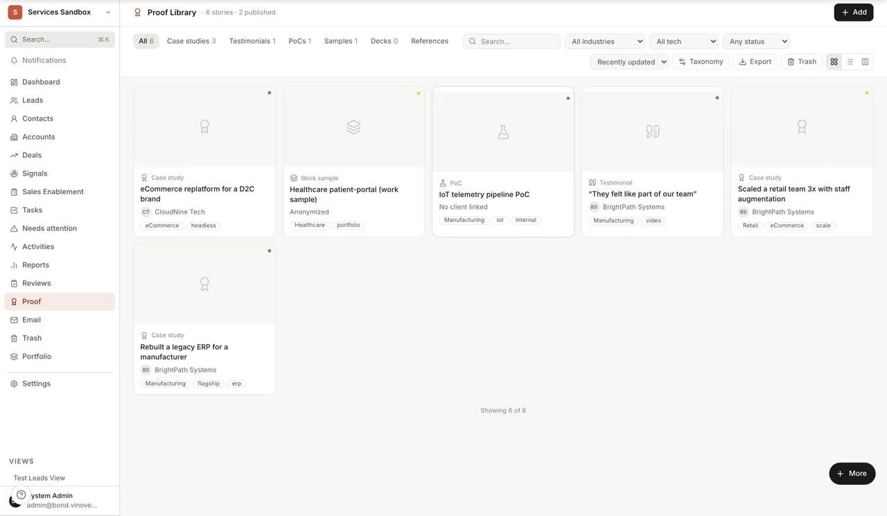 Bond Proof library: case studies and testimonials, each linked to the account it came from, with its consent and embargo state. Sandbox workspace, sample data.