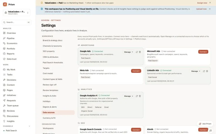 Prism Settings, Data sources: cards for Google Ads, Microsoft Ads, Meta Ads and LinkedIn Ads under Advertising, and Google Analytics 4 under Analytics, each showing connected or not connected and the last sync time. Sample data.