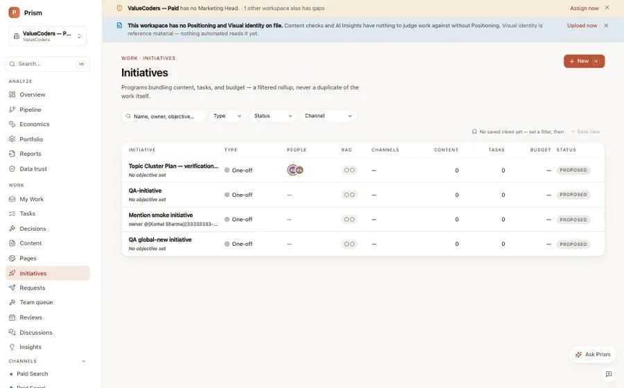 Prism Initiatives screen: cross-functional programmes with their phases, owners and milestones, progress derived from the tasks underneath. Sample data.