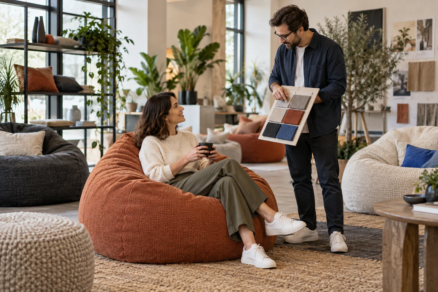 Interior designers evaluating a premium bean bag and upholstery samples in a showroom