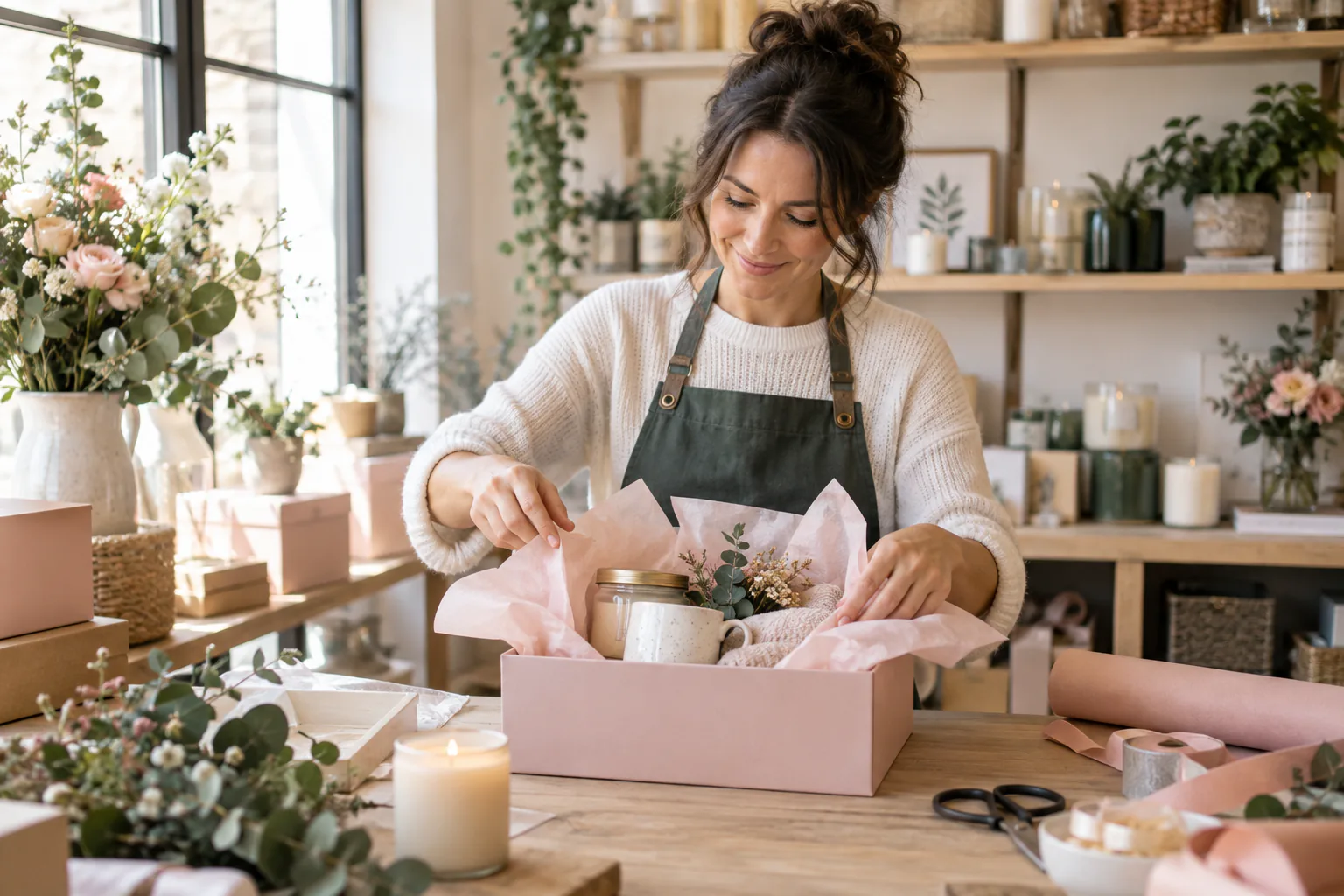 Small-business owner carefully packing an elegant gift order in a boutique studio