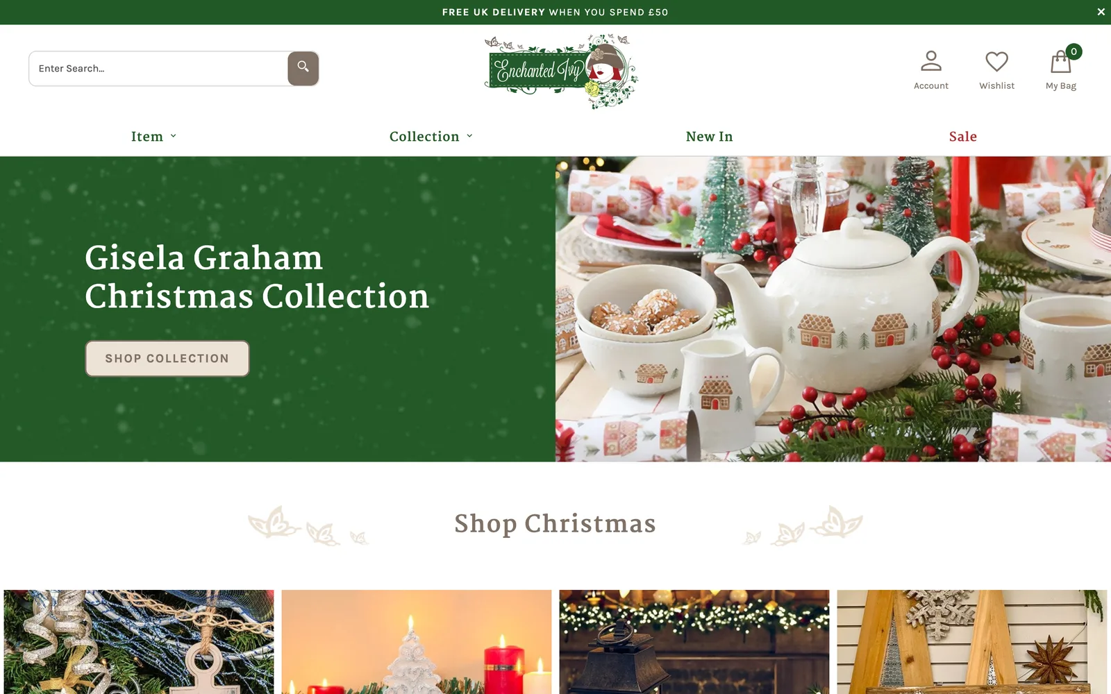 Enchanted Ivy Gifts' homepage, from the Internet Archive's copy of December 2024: a Christmas collection banner and a 'Shop Christmas' row