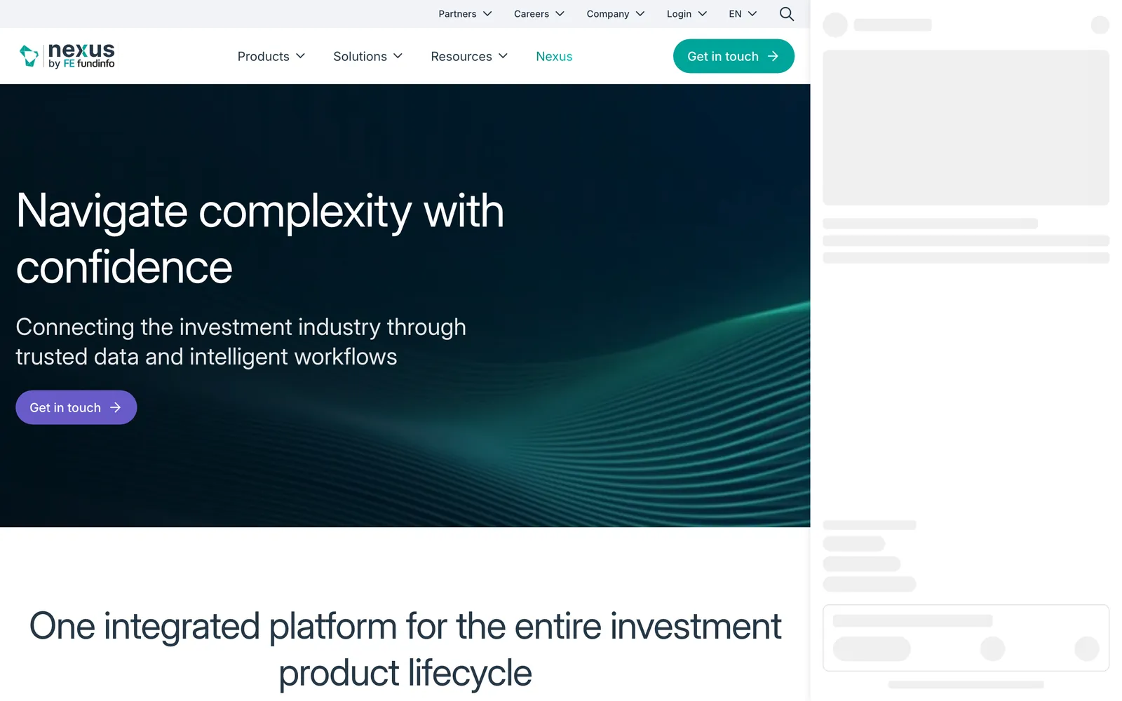 FE fundinfo's homepage: 'Navigate complexity with confidence' over a teal wave, under the Nexus by FE fundinfo menu