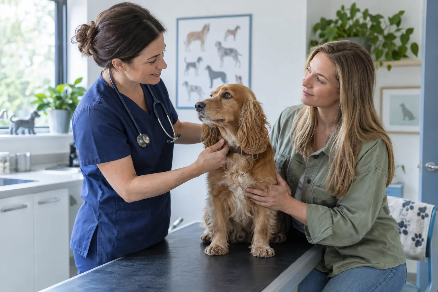 Veterinary professional consulting with a dog owner in a bright modern clinic
