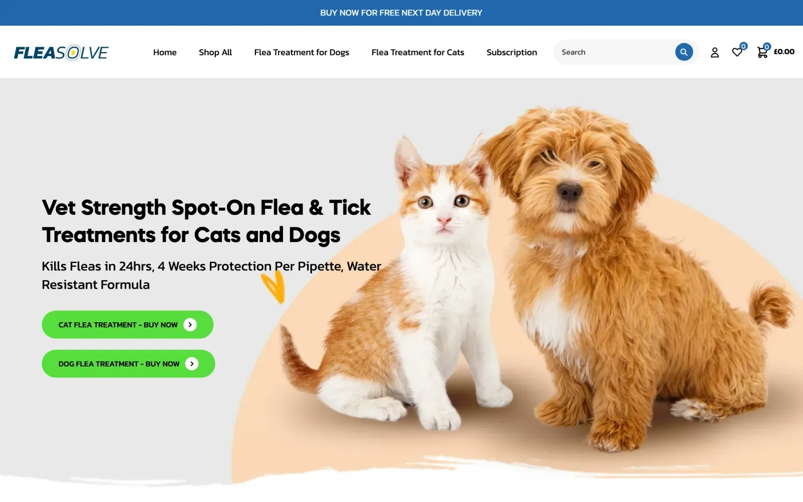 FleaSolve's homepage: a kitten and a puppy beside the headline 'Vet Strength Spot-On Flea & Tick Treatments for Cats and Dogs'