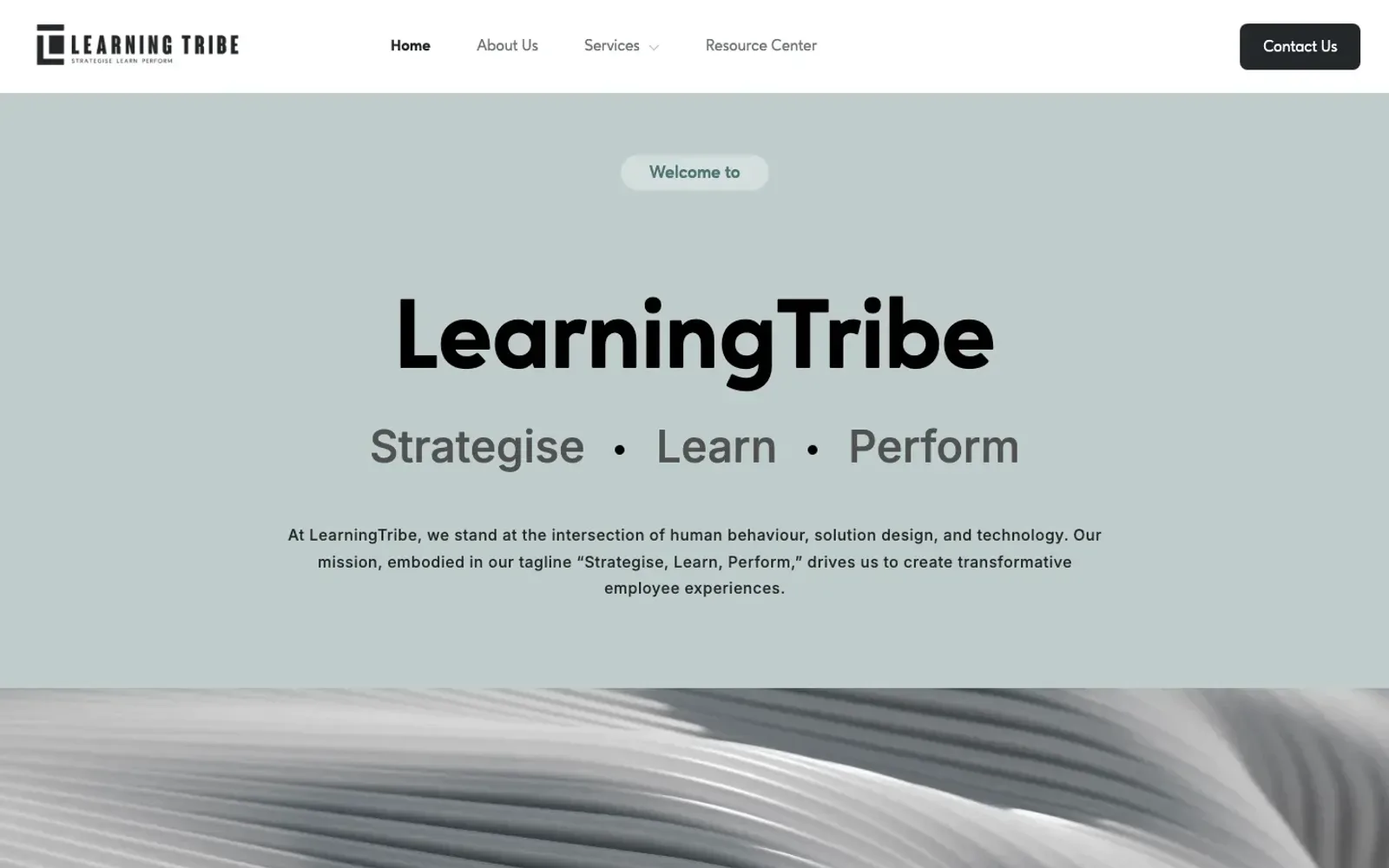 Learning Tribe's homepage: 'LearningTribe' and 'Strategise · Learn · Perform' on a sage-green background
