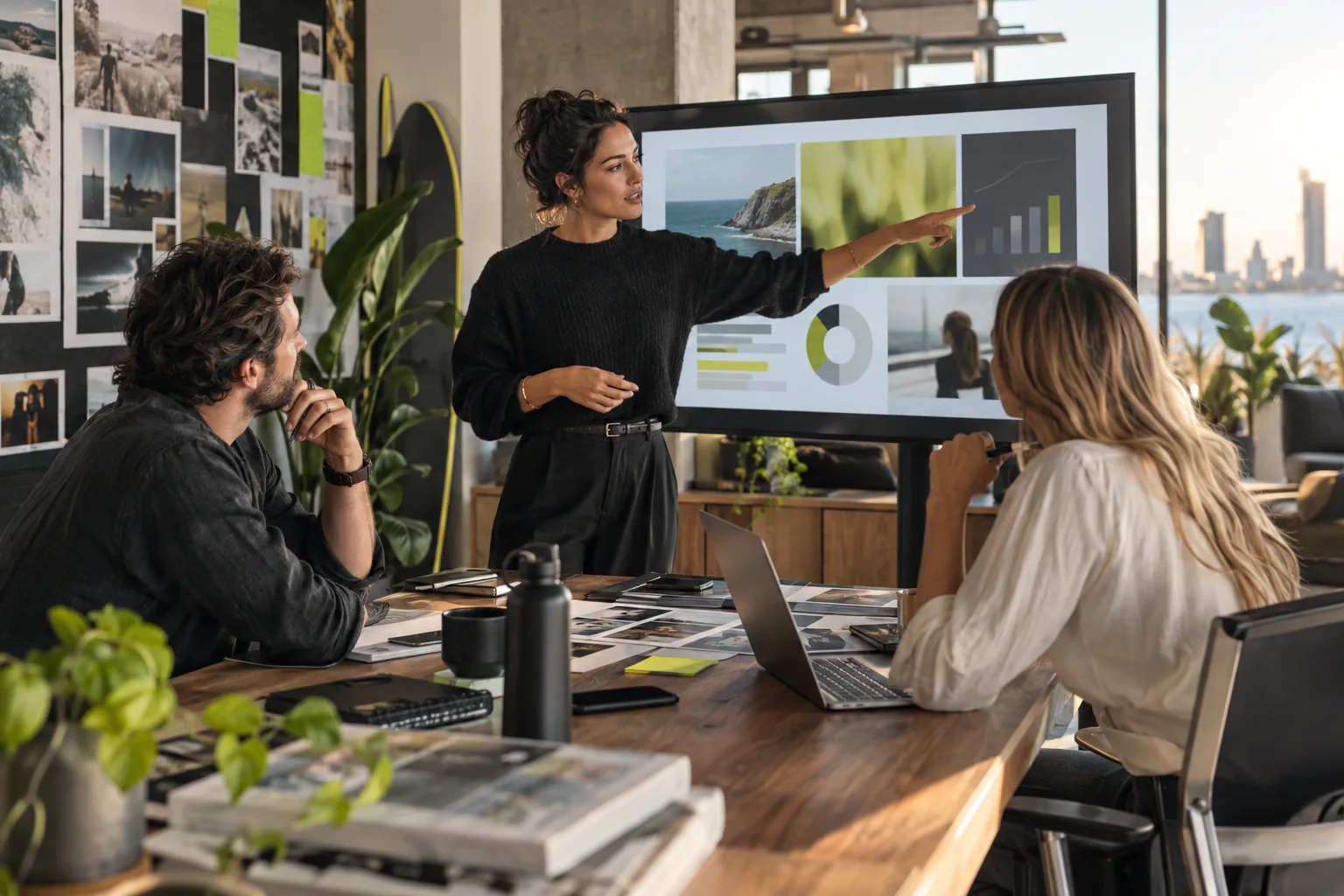 Advertising team reviewing campaign performance together in a creative studio