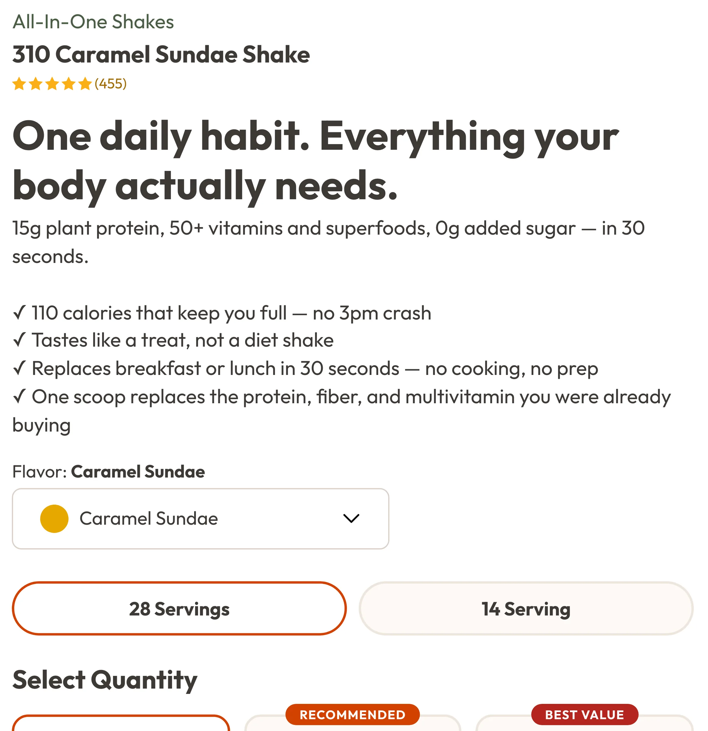 Close-up of the buy box: product name, rating, benefit list, flavour and size choices, and quantity bundles