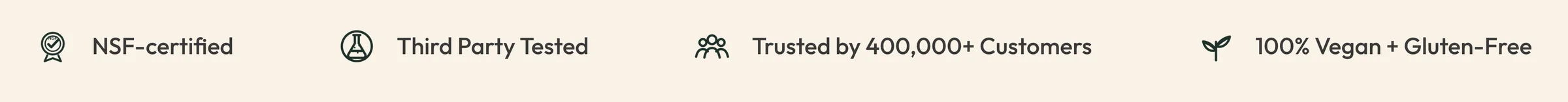 Close-up of the trust bar: NSF-certified, third-party tested, trusted by 400,000+ customers, 100% vegan and gluten-free