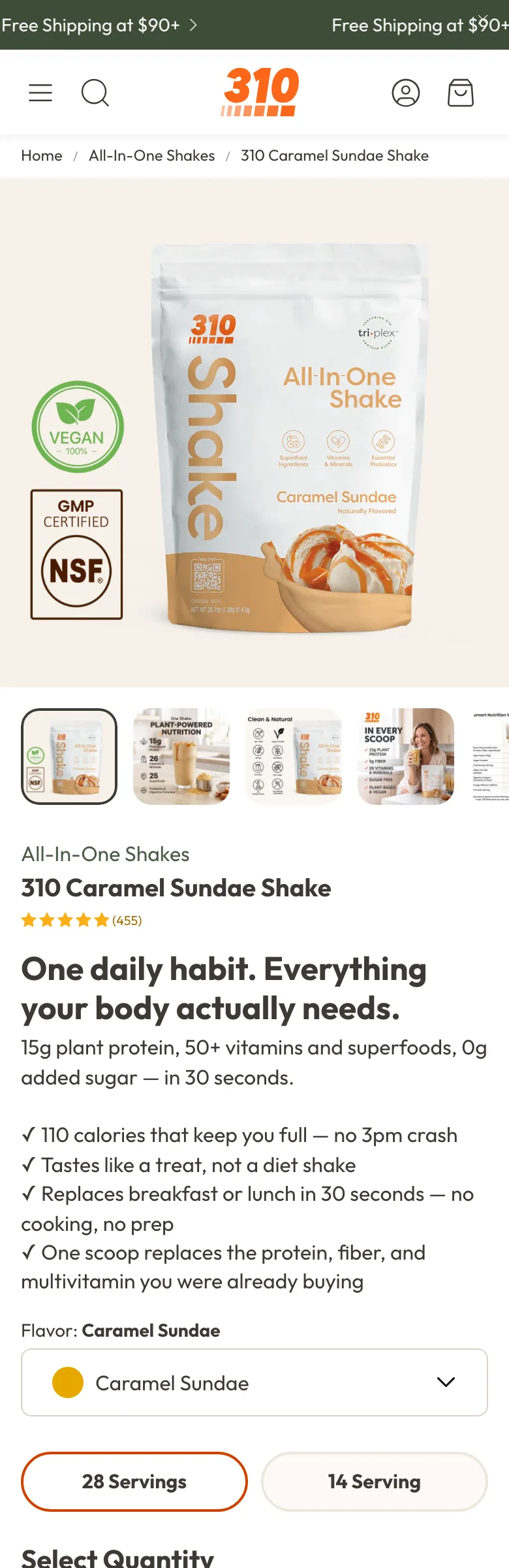 The full Caramel Sundae Shake product page on a phone