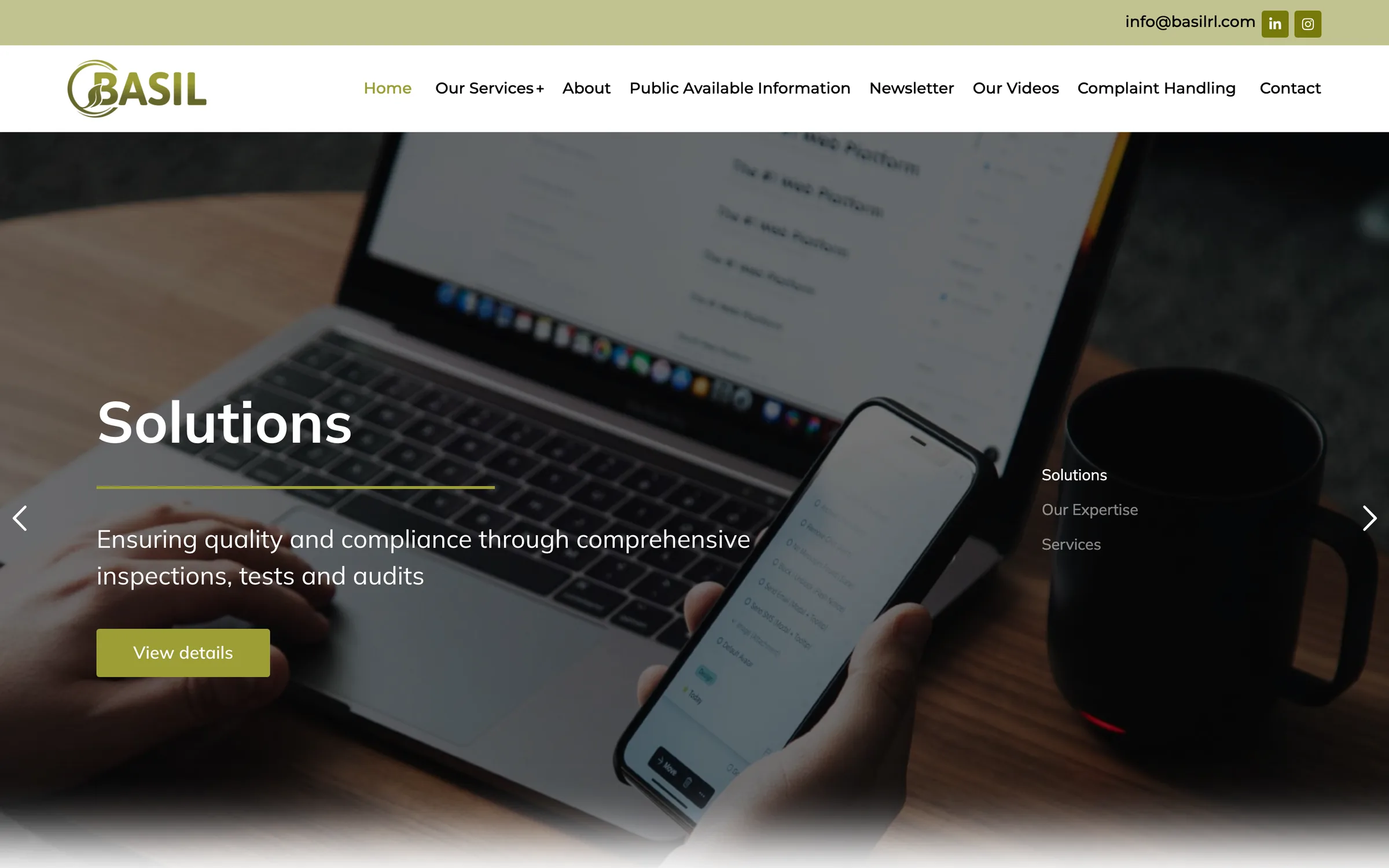 Basil homepage on desktop: an olive contact bar, the Basil logo and menu, and a slide reading 'Solutions: ensuring quality and compliance through comprehensive inspections, tests and audits'