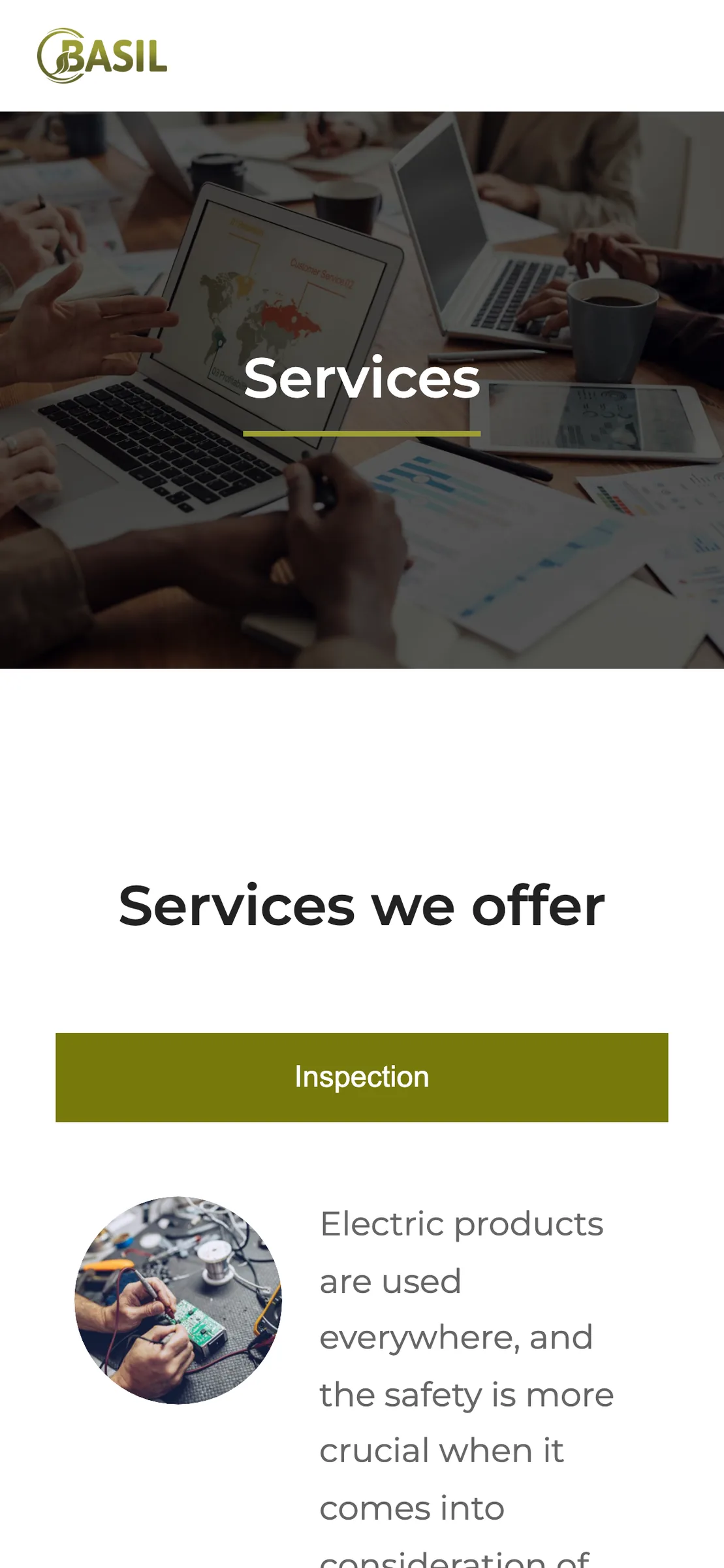The services page on a phone