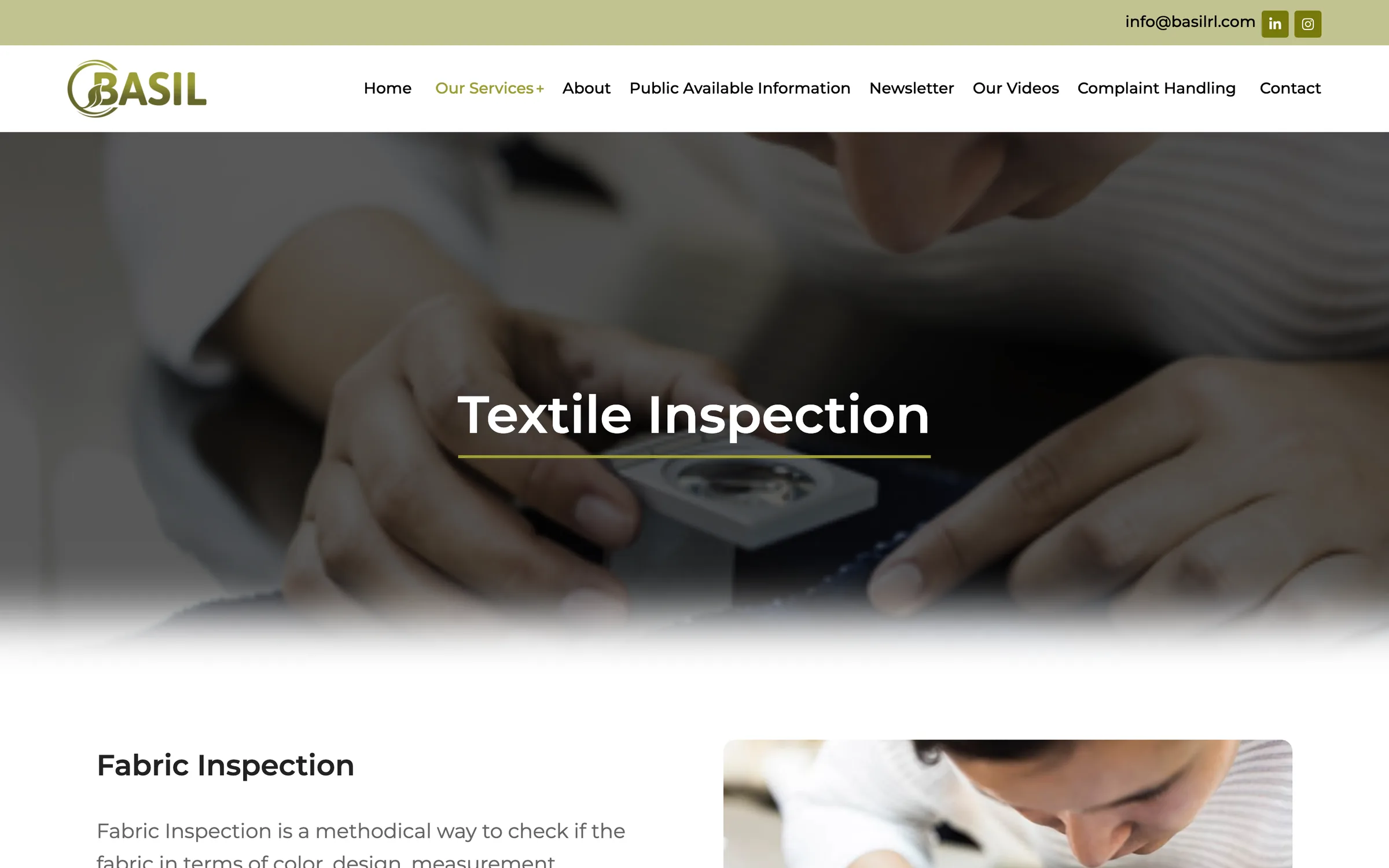 The Textile Inspection service page: a banner of hands checking fabric, then 'Fabric inspection' and its description