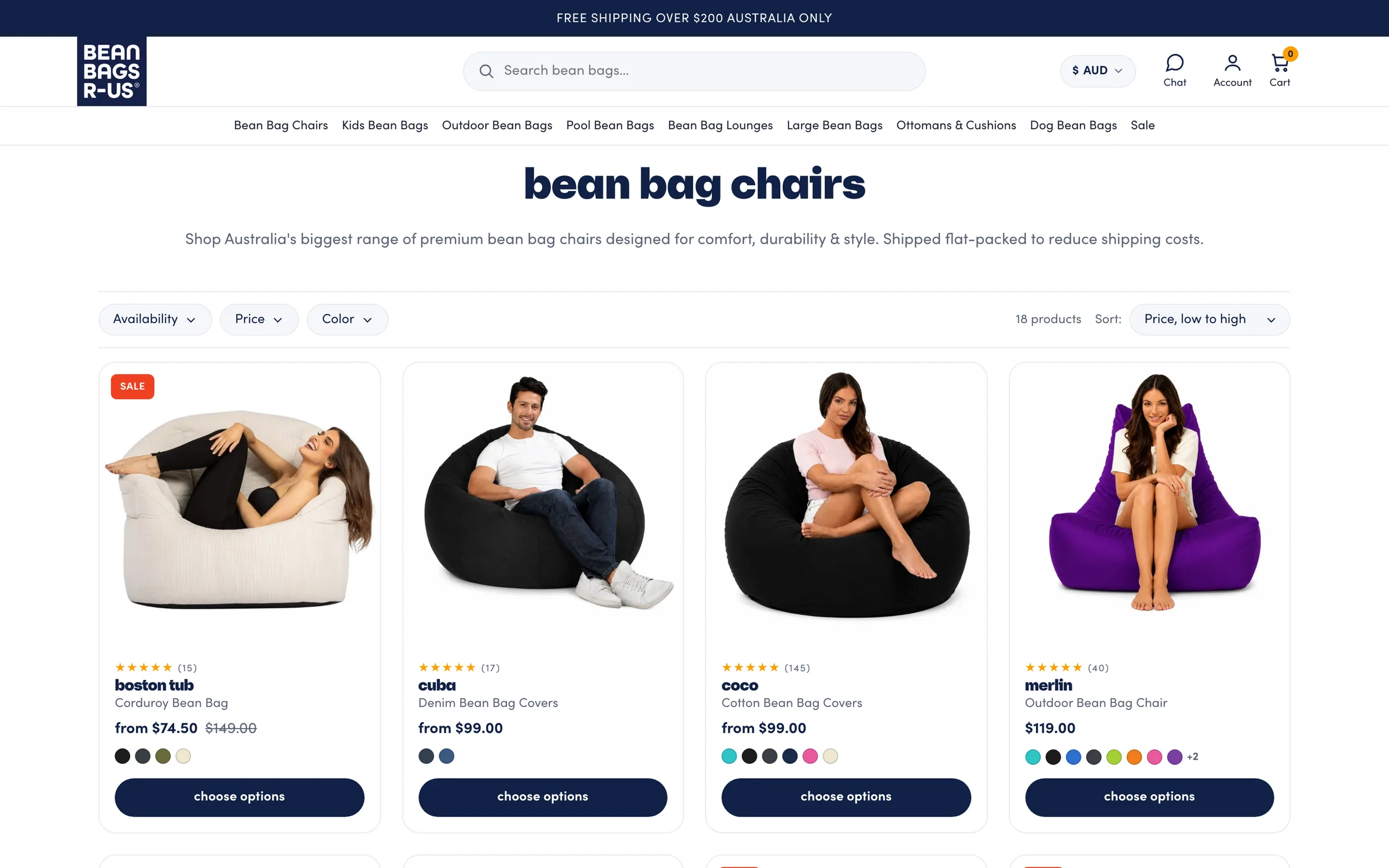 The bean bag chairs collection on desktop: availability and colour filters, sorting, a count of 18 products and product cards with ratings, prices, colour swatches and Choose options buttons