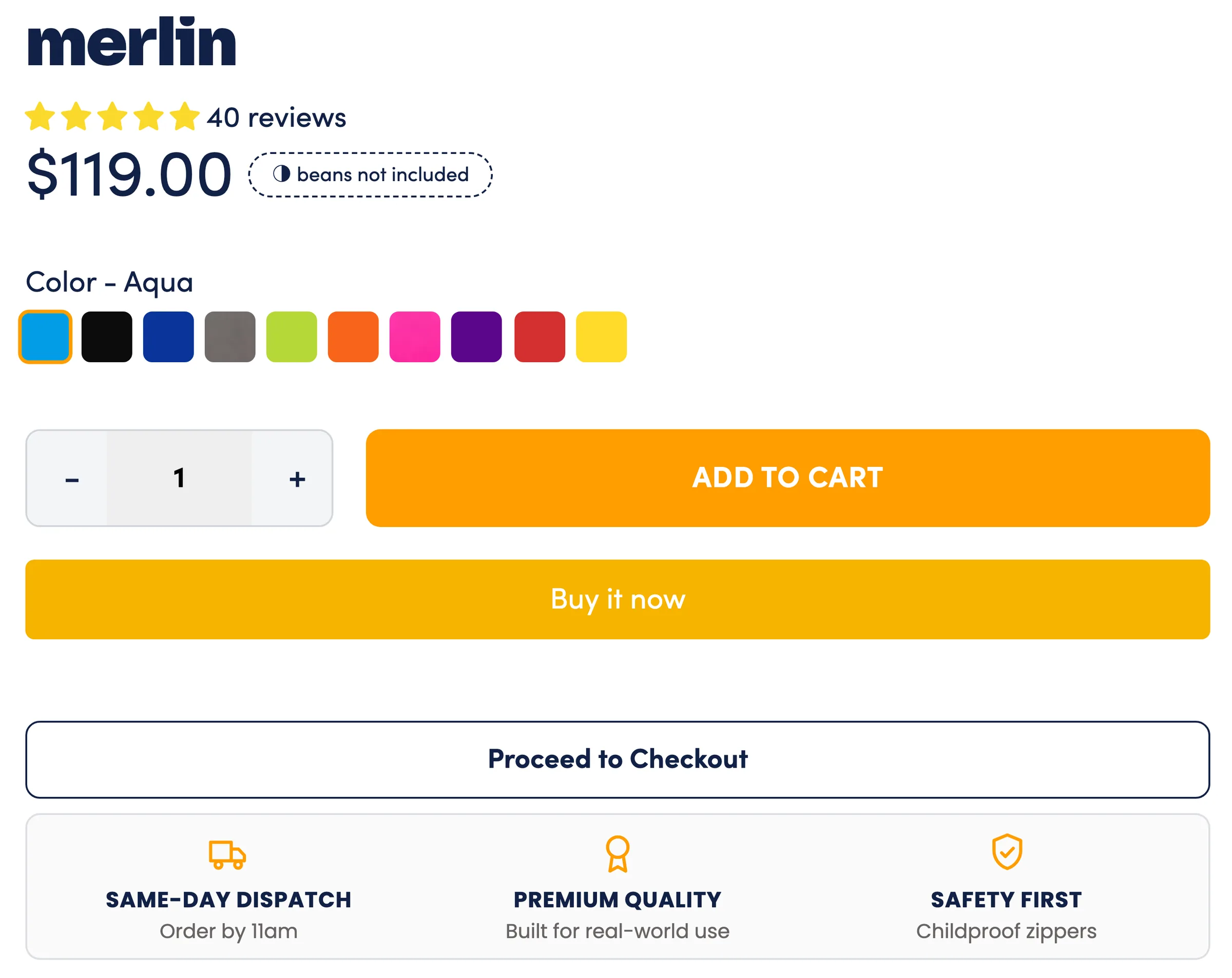 Close-up of the buy box: the product name merlin, five stars and 40 reviews, the price with a 'beans not included' note, ten colour swatches, a quantity control, Add to cart, Buy it now and Proceed to Checkout