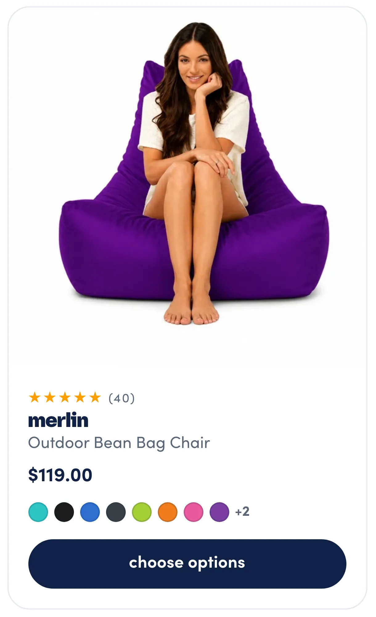 Close-up of a product card: the Merlin outdoor bean bag chair in purple, its rating, price, colour swatches and a Choose options button