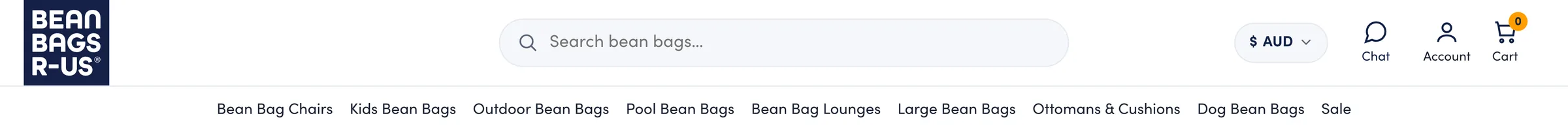 Close-up of the header: the logo, the search bar, the AUD currency selector, Chat, Account and Cart, over a row of ranges from Bean Bag Chairs to Sale