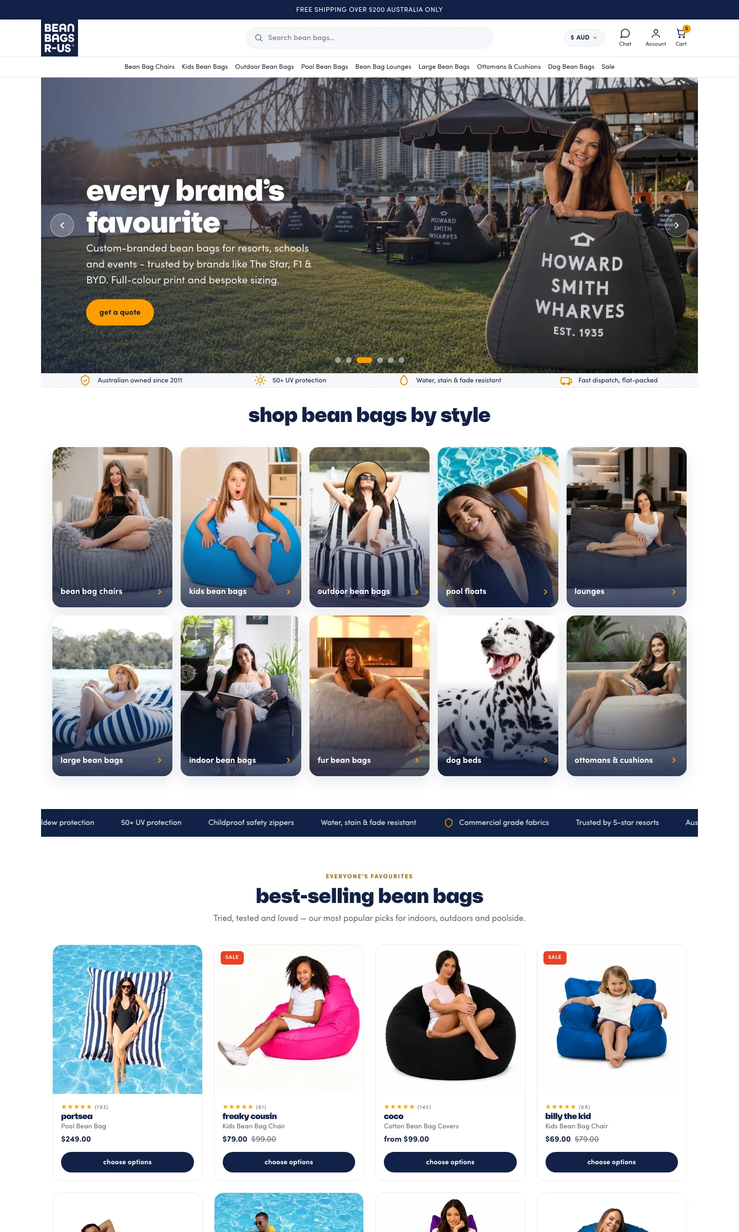 The full Bean Bags R Us homepage from the header to the newsletter sign-up: ranges by style, best sellers, custom branding, reviews and questions