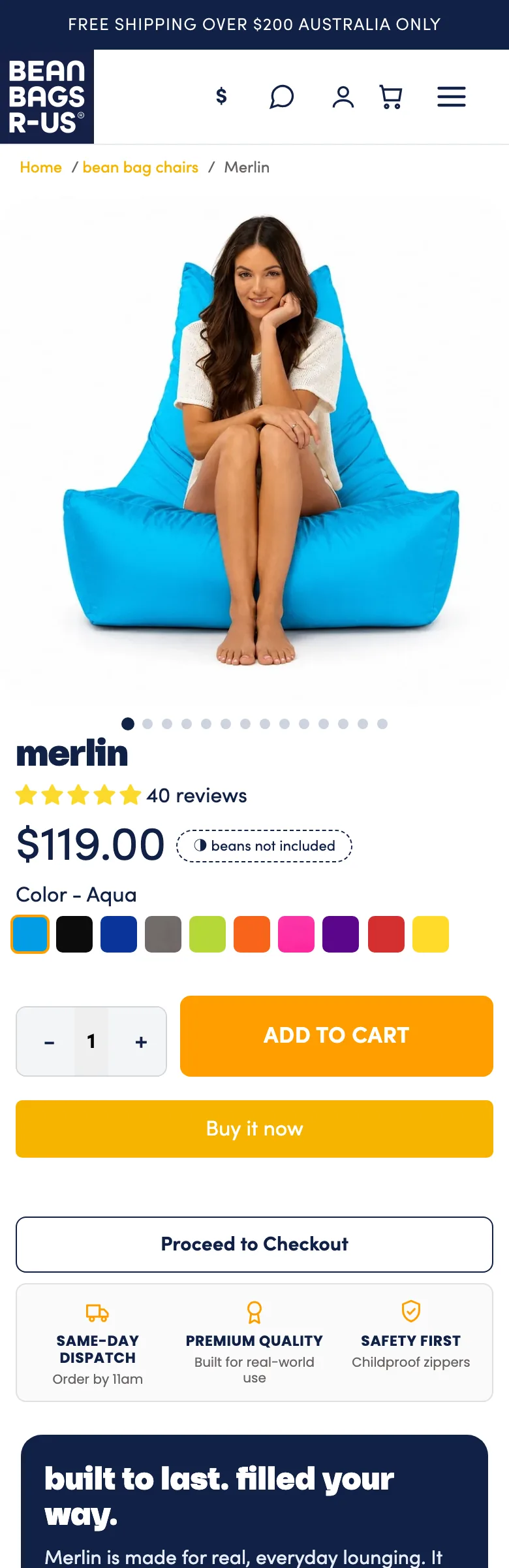 The full Merlin bean bag chair product page on a phone, from the gallery to the questions and care guides