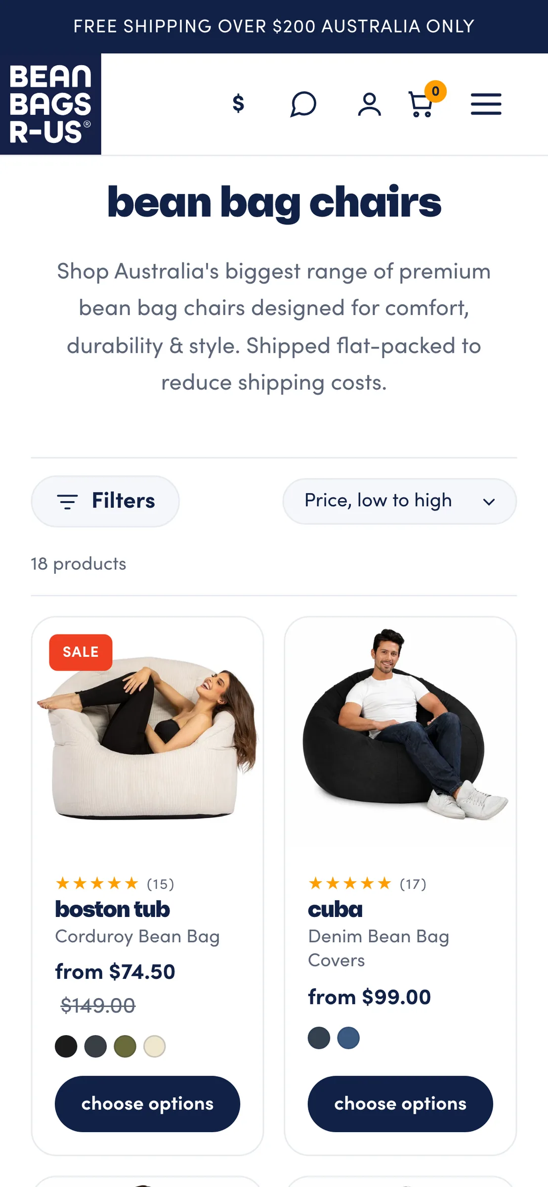 The bean bag chairs collection on a phone, with filters, sorting and two product cards per row