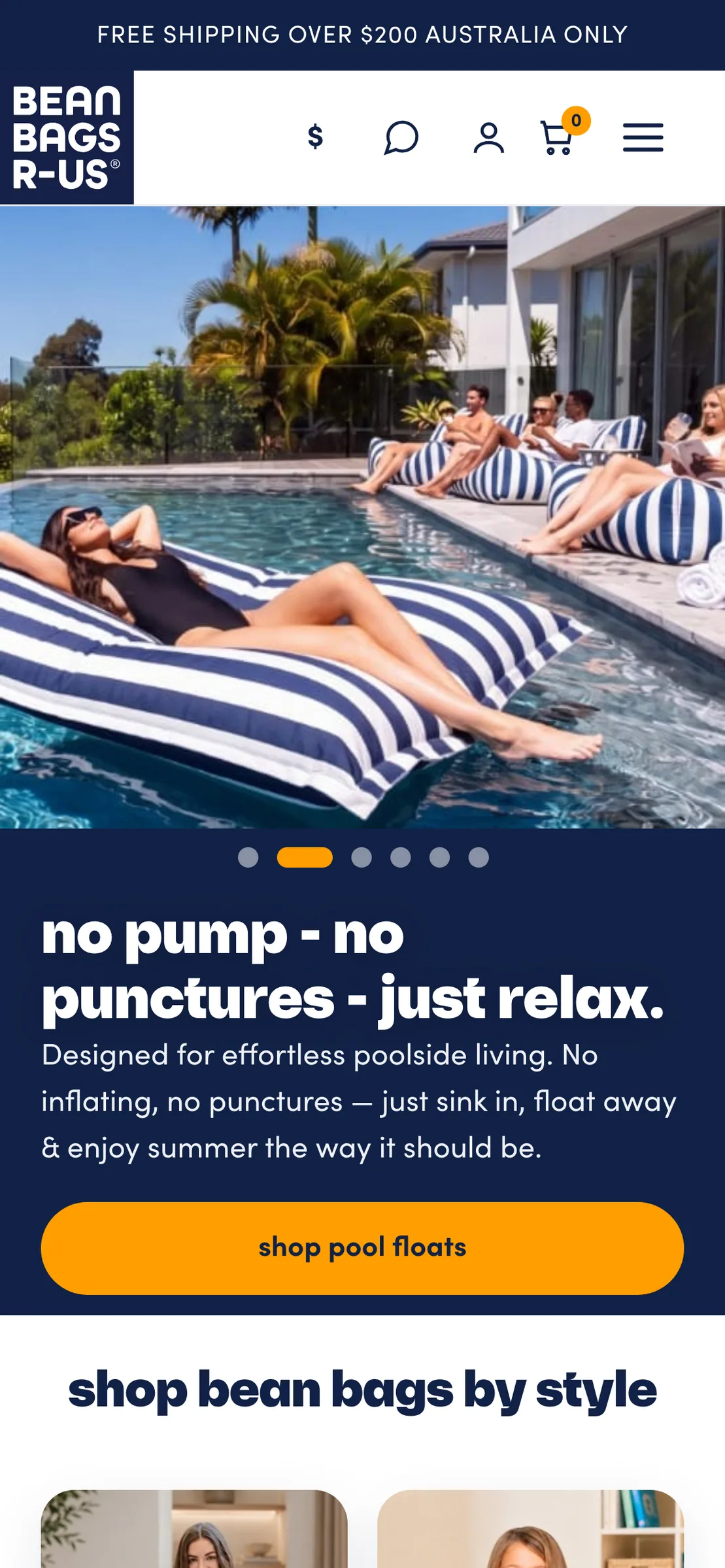 The homepage on a phone, with a banner of striped pool floats and the line 'no pump - no punctures - just relax.'
