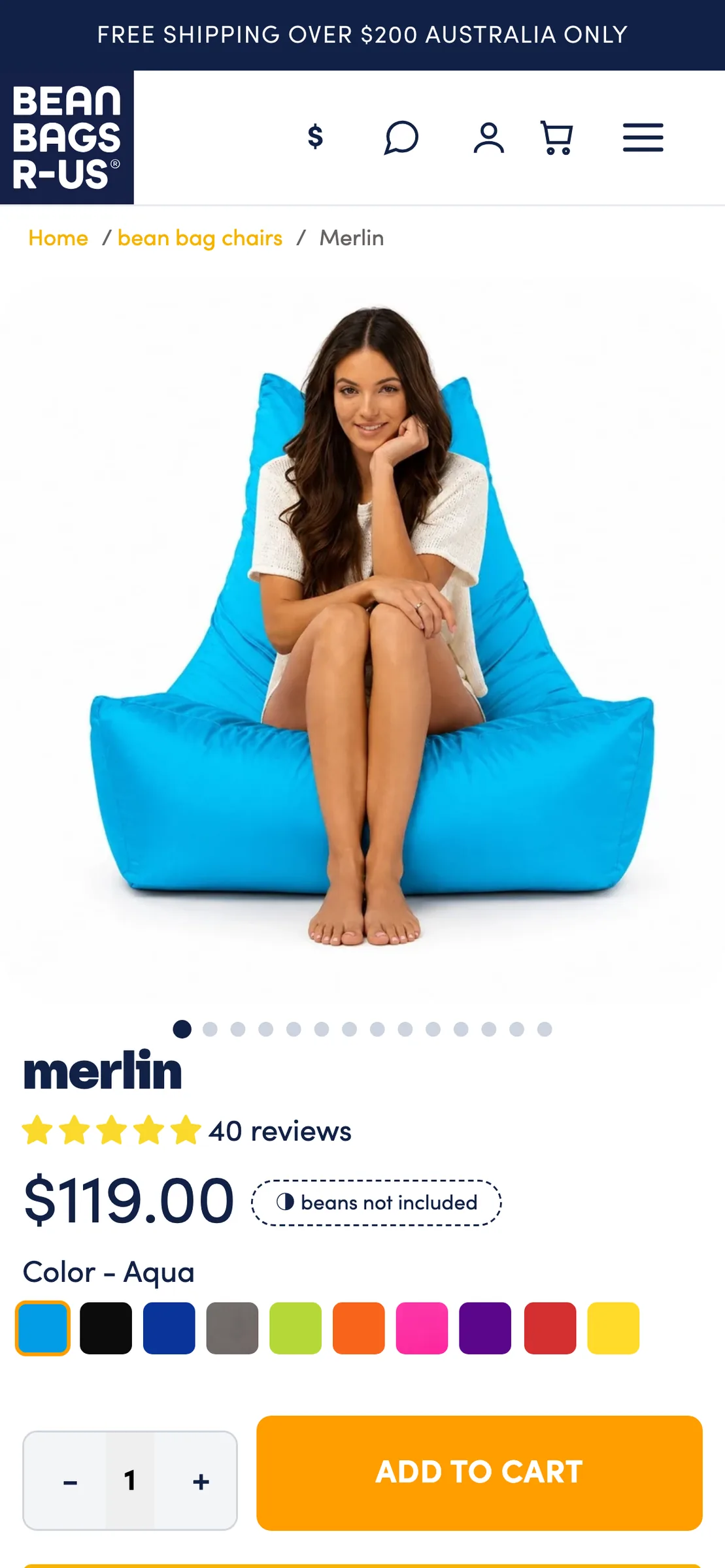 The Merlin bean bag chair product page on a phone
