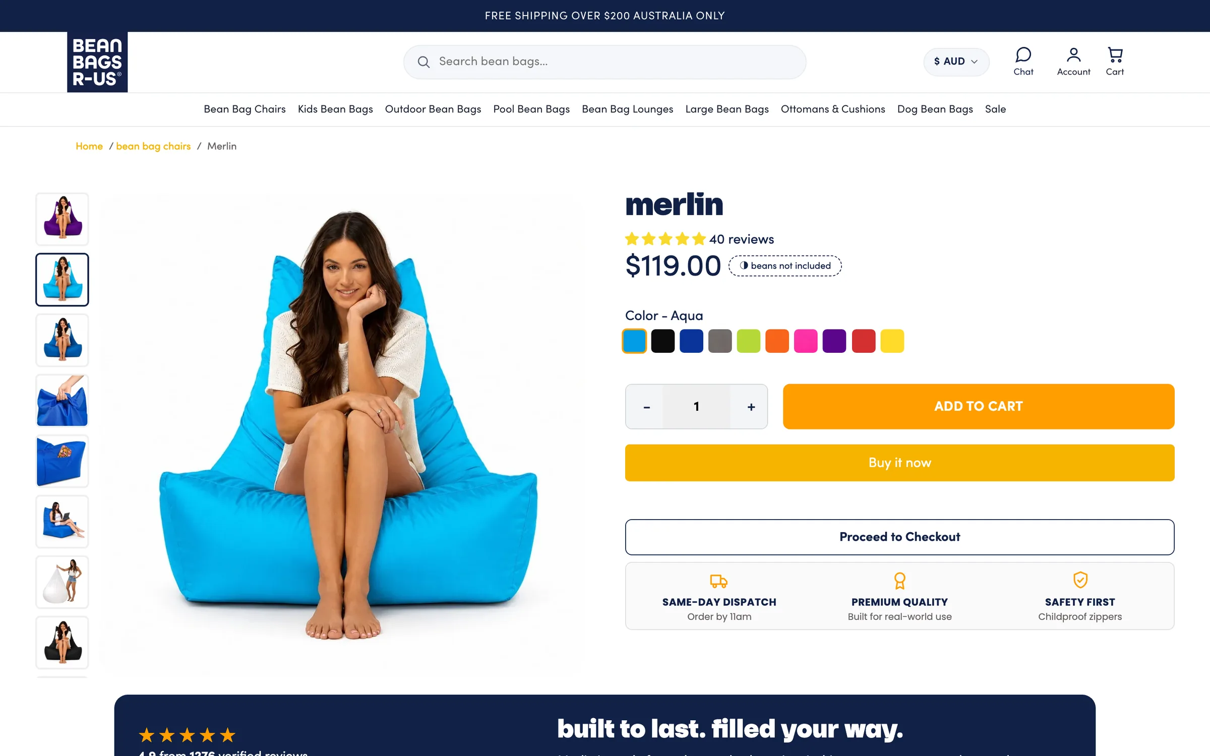 The Merlin bean bag chair product page on desktop: a gallery of photographs, the rating and review count, the price, ten colour swatches, Add to cart, Buy it now and Proceed to Checkout