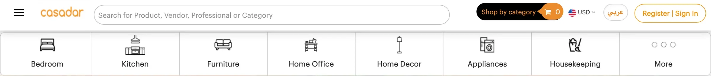 Close-up of the header: the Casadar logo, a search for products, vendors, professionals or categories, the Shop by category button, currency and language choices, and a row of category icons