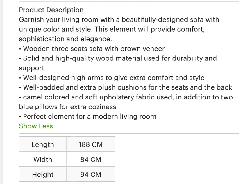 Close-up of the product panel: name, price, quantity, Add to cart, Add to wishlist, the description and a table of length, width and height