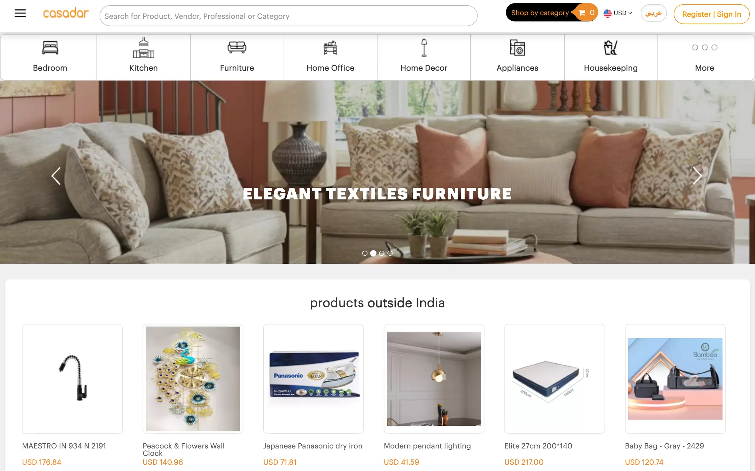 Casadar homepage on desktop: a search bar for products, vendors and professionals, category icons for bedroom, kitchen, furniture, home office, décor, appliances and housekeeping, a living-room banner and a row of products