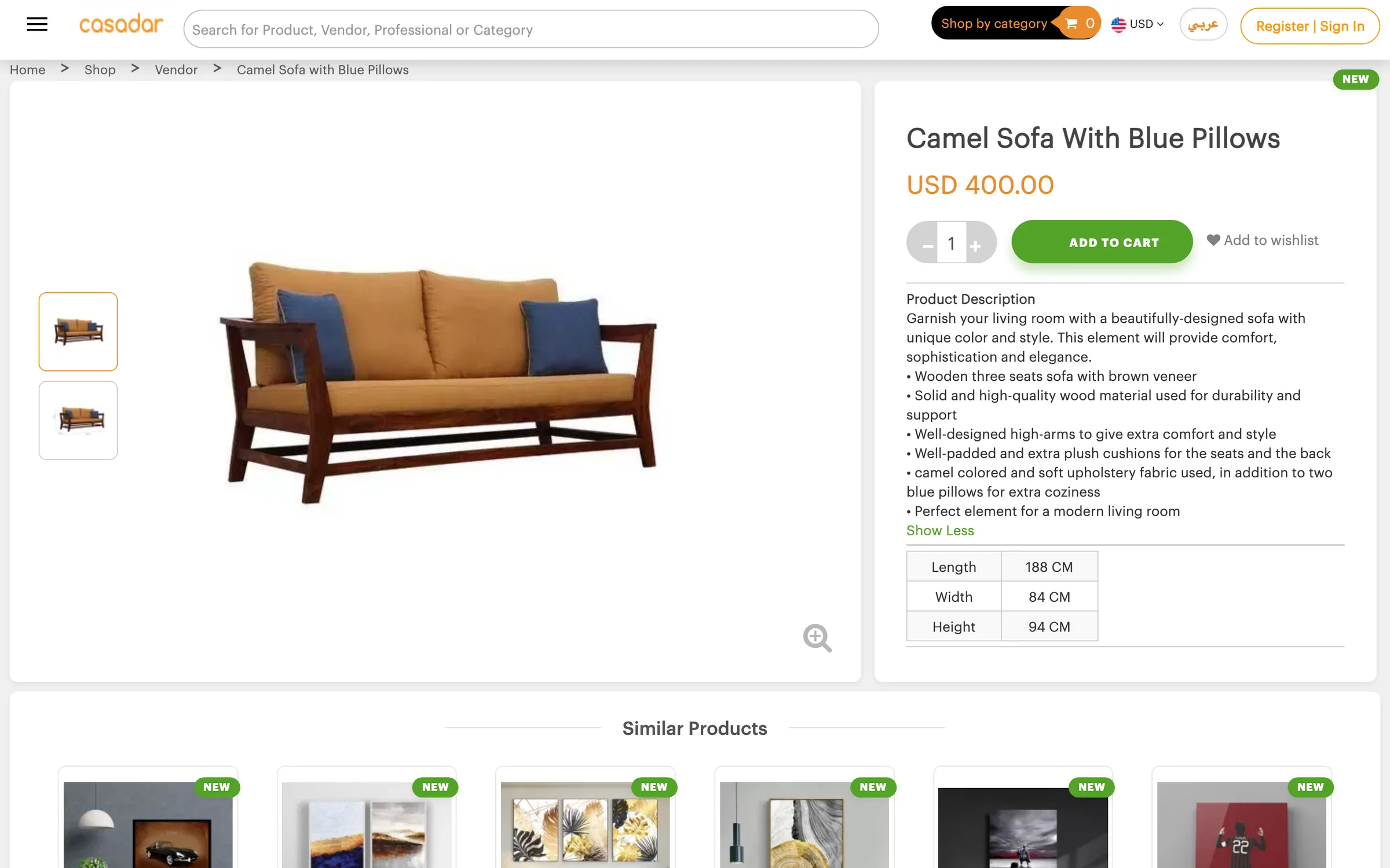 Casadar product page for a camel sofa with blue pillows: gallery, price, quantity, Add to cart, wishlist, description and a dimensions table