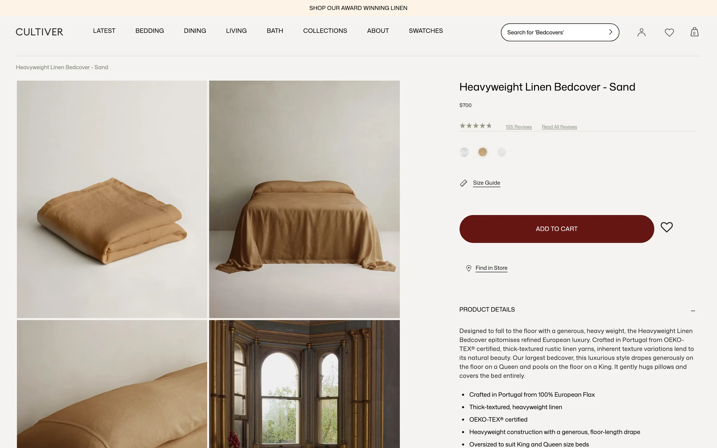 Product page for the Heavyweight Linen Bedcover in Sand: image gallery, price, reviews, colour swatches, size guide and Add to cart