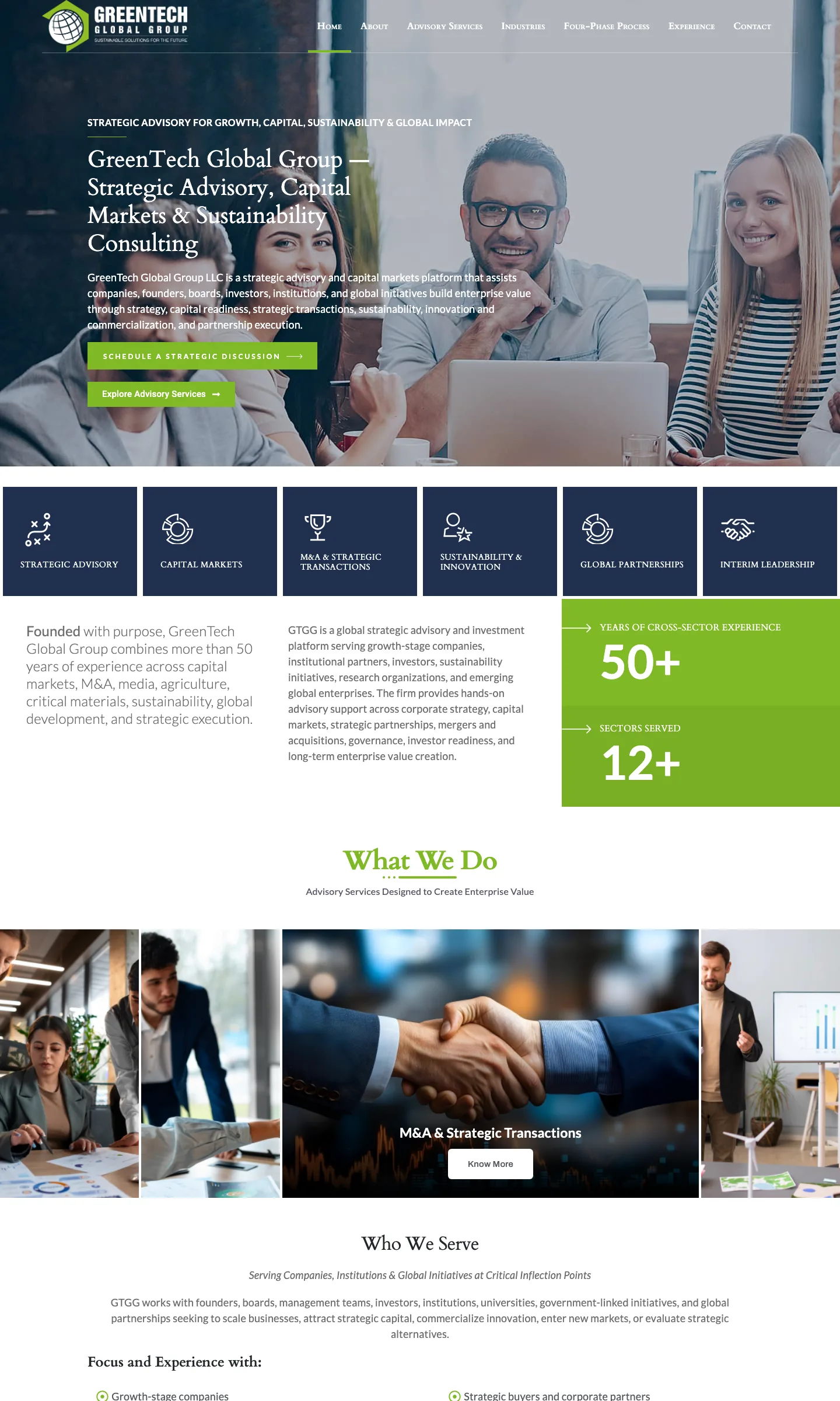 The full GreenTech Global Group homepage from header to footer