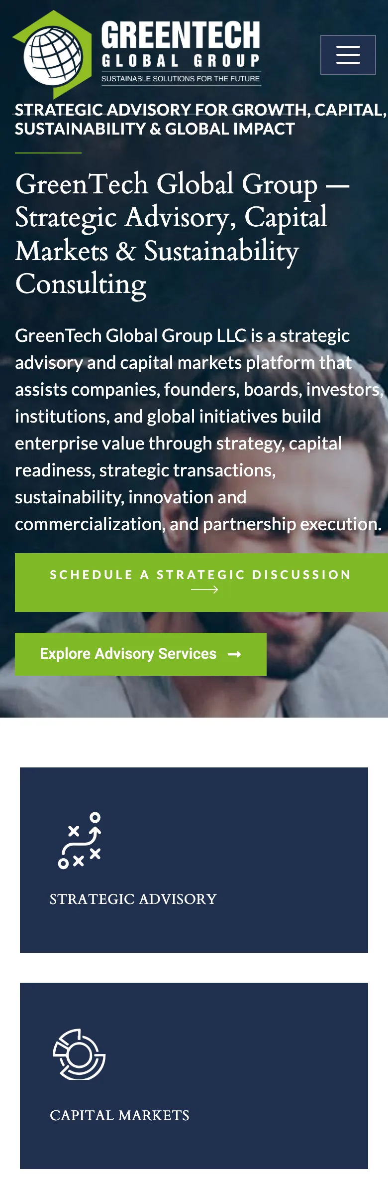 The full GreenTech Global Group homepage on a phone