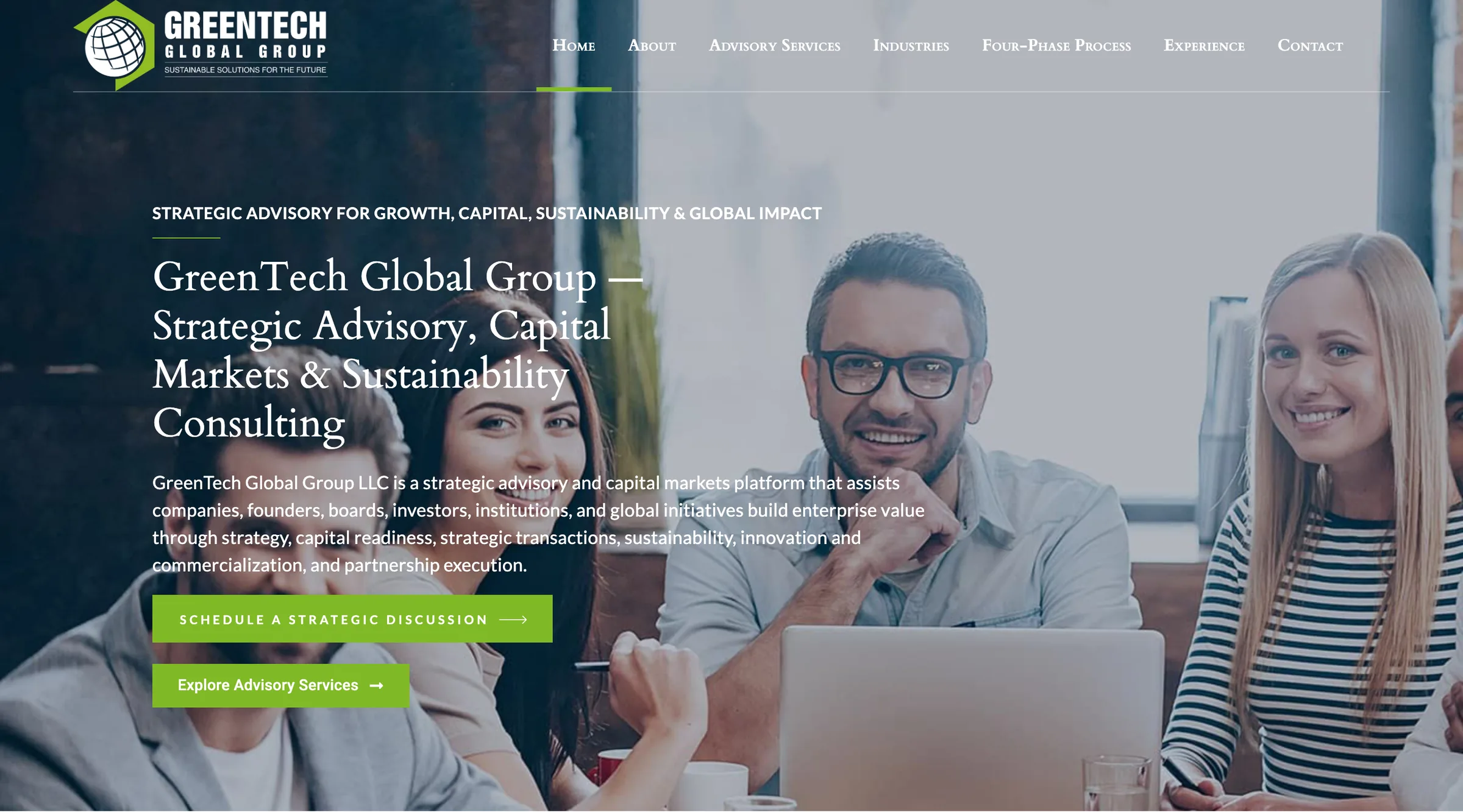 GreenTech Global Group homepage on desktop: a team around a laptop under the serif headline 'GreenTech Global Group, Strategic Advisory, Capital Markets & Sustainability Consulting' and a green 'Schedule a strategic discussion' button