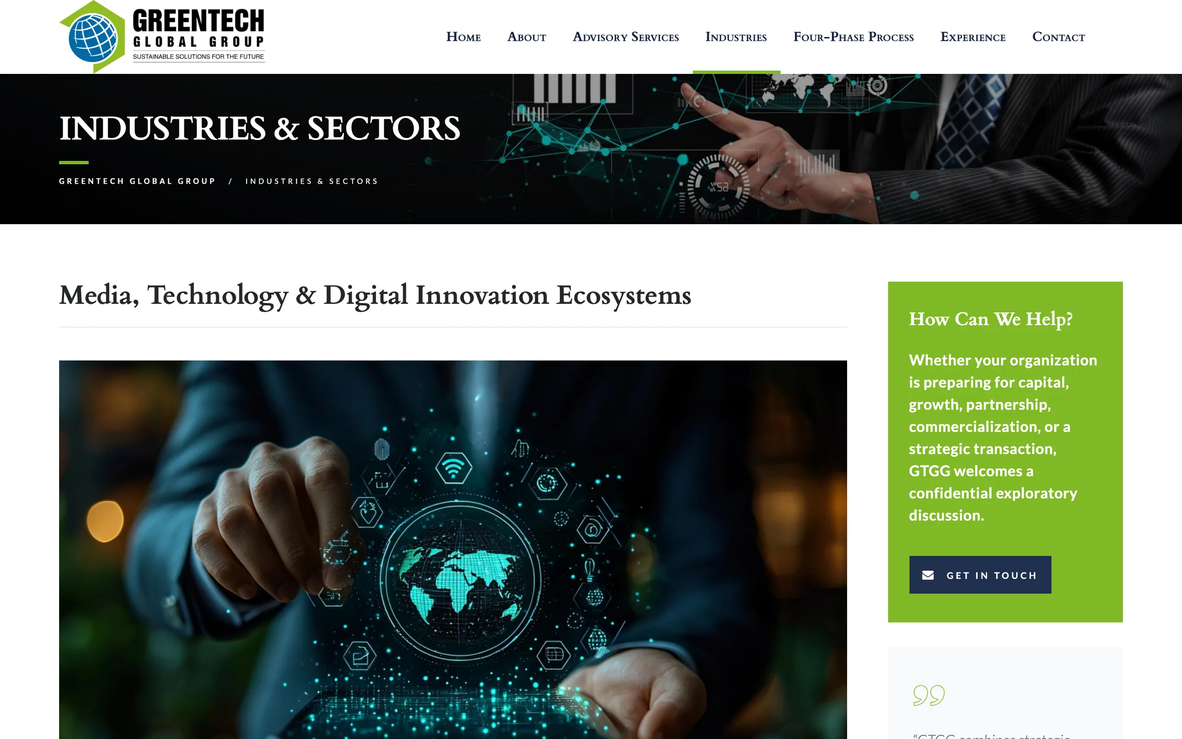 The Industries & Sectors page, opening on media, technology and digital innovation ecosystems