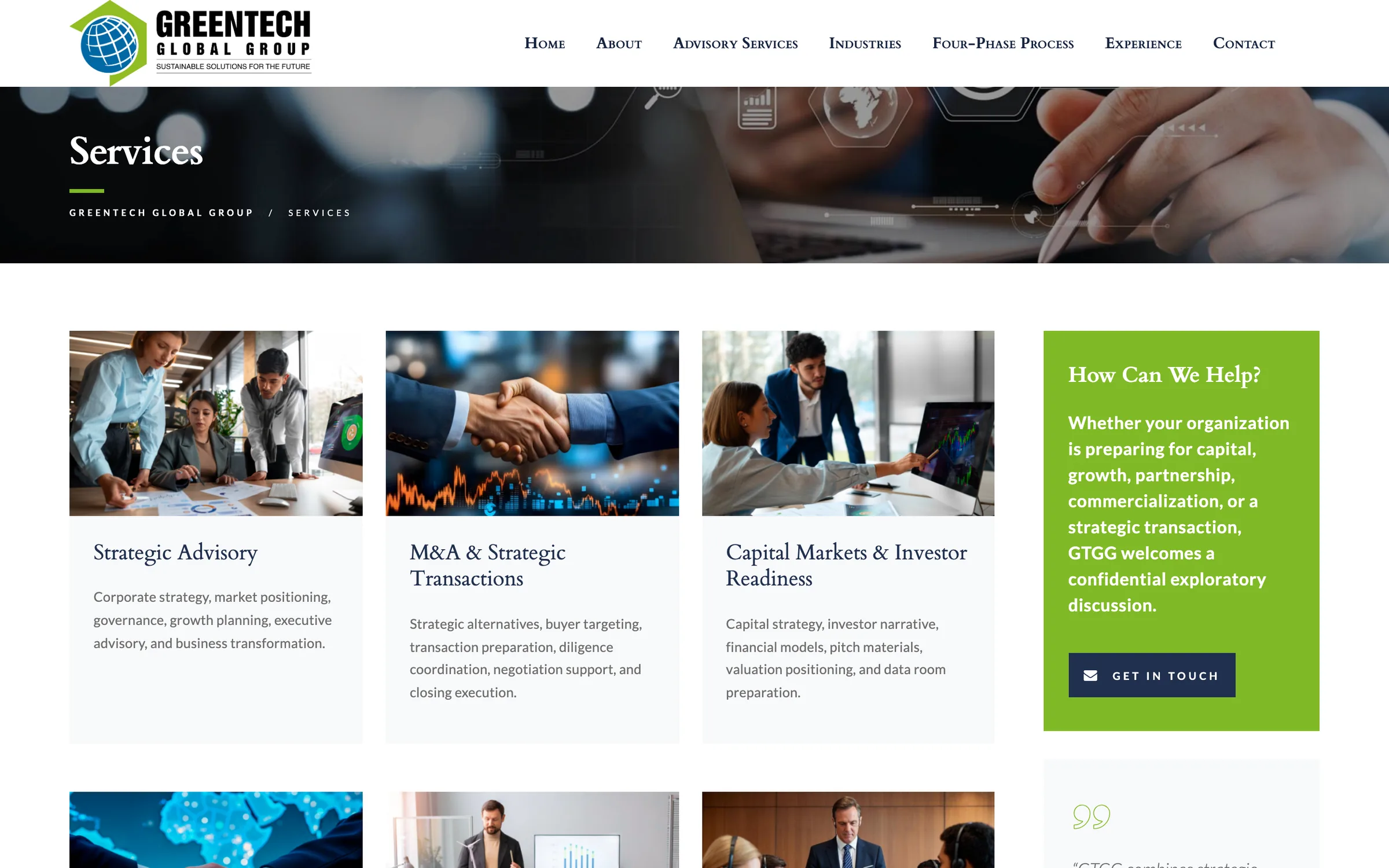 The Services page: cards for strategic advisory, M&A and strategic transactions, and capital markets and investor readiness, beside a green 'How can we help?' panel