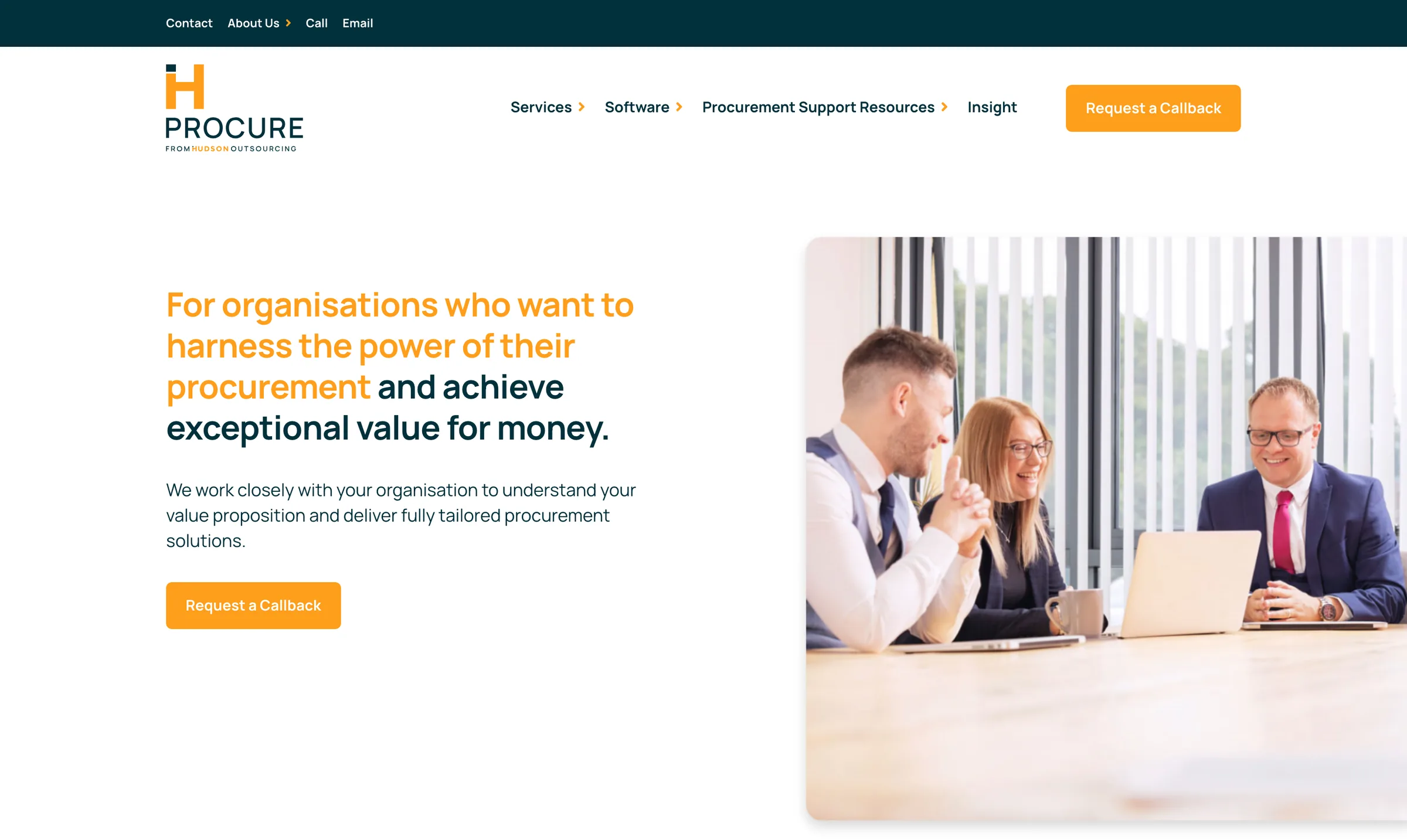 The Hudson Procure homepage on desktop, from the Internet Archive's copy of November 2022: the H Procure logo, the Services, Software, Procurement Support Resources and Insight menus, a Request a Callback button, and the line 'For organisations who want to harness the power of their procurement and achieve exceptional value for money.' beside a photograph of three colleagues at a laptop