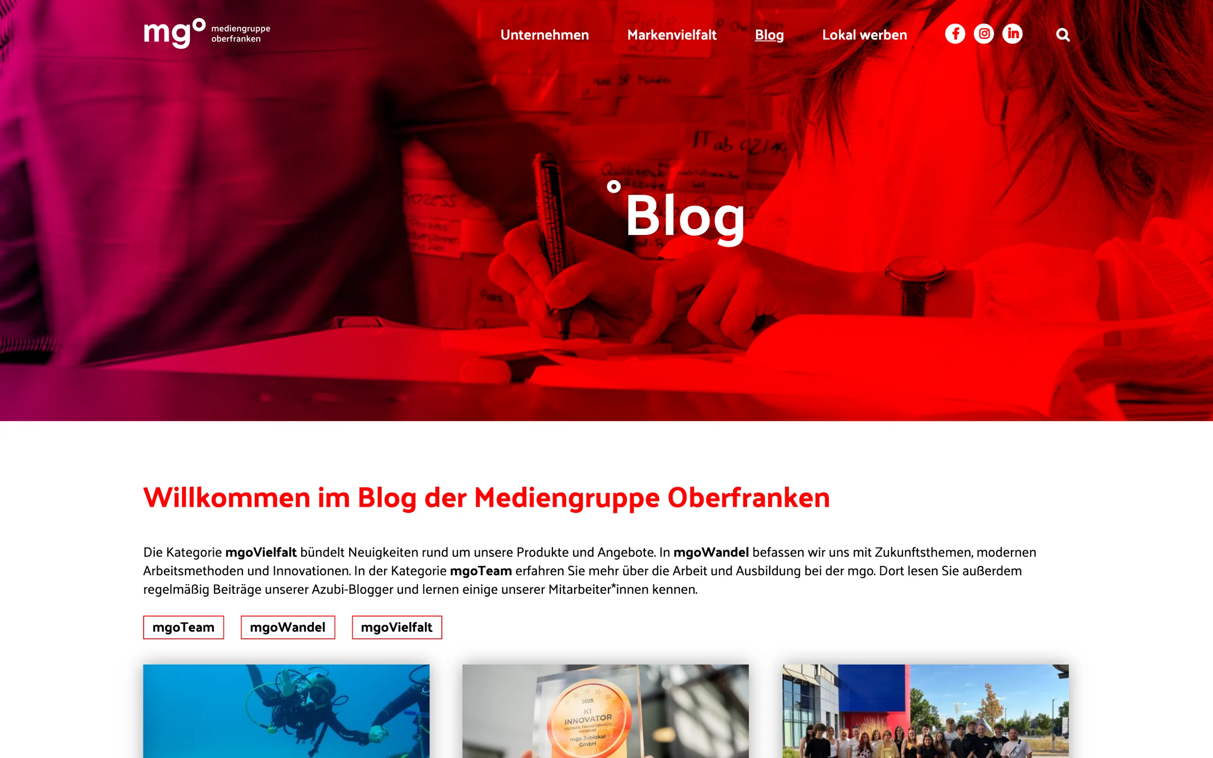 The blog page: 'Willkommen im Blog der Mediengruppe Oberfranken', category buttons for mgoTeam, mgoWandel and mgoVielfalt, and post photographs