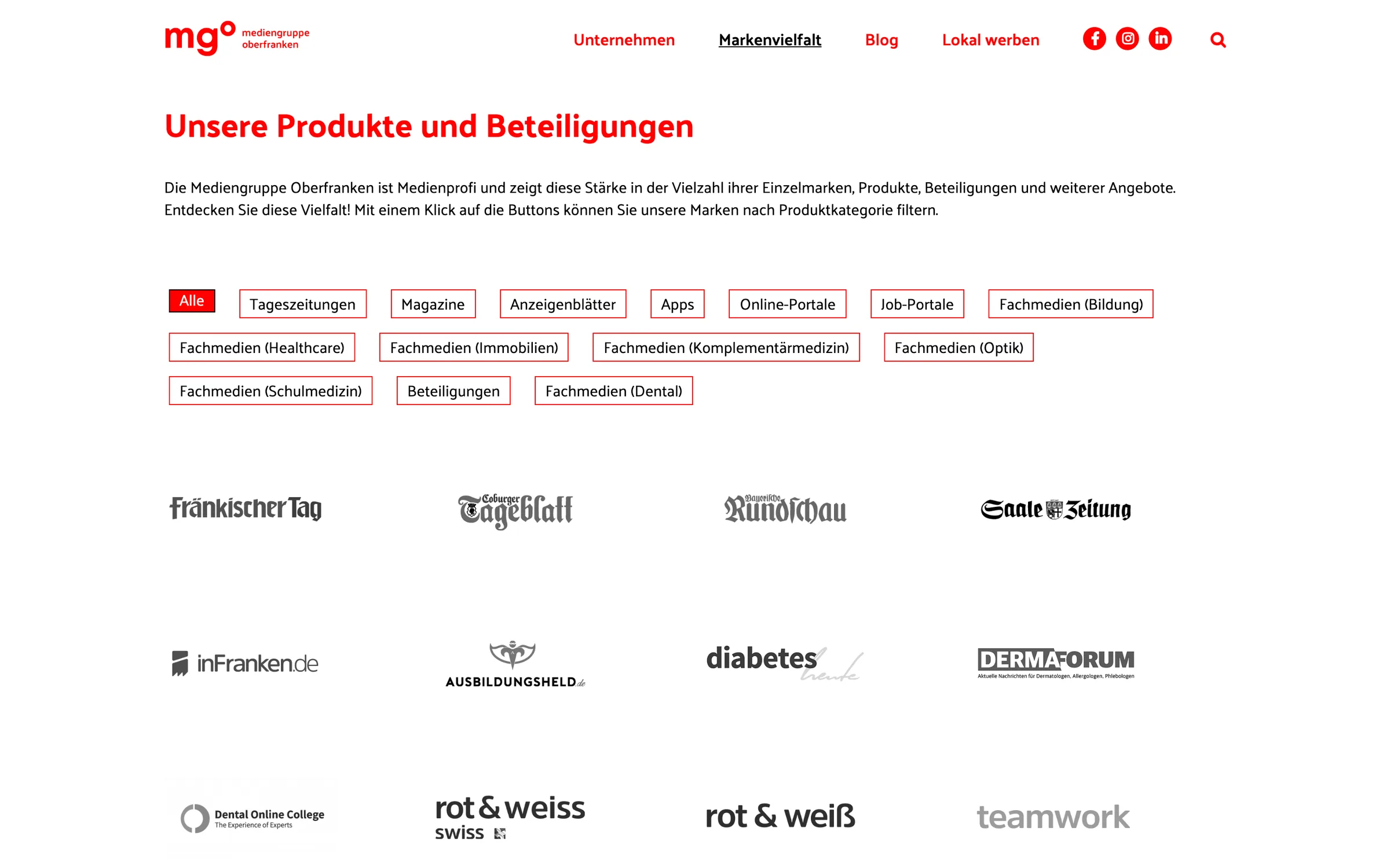 The brand directory: category filter buttons from Alle to Fachmedien, and a grid of brand logos including Fränkischer Tag