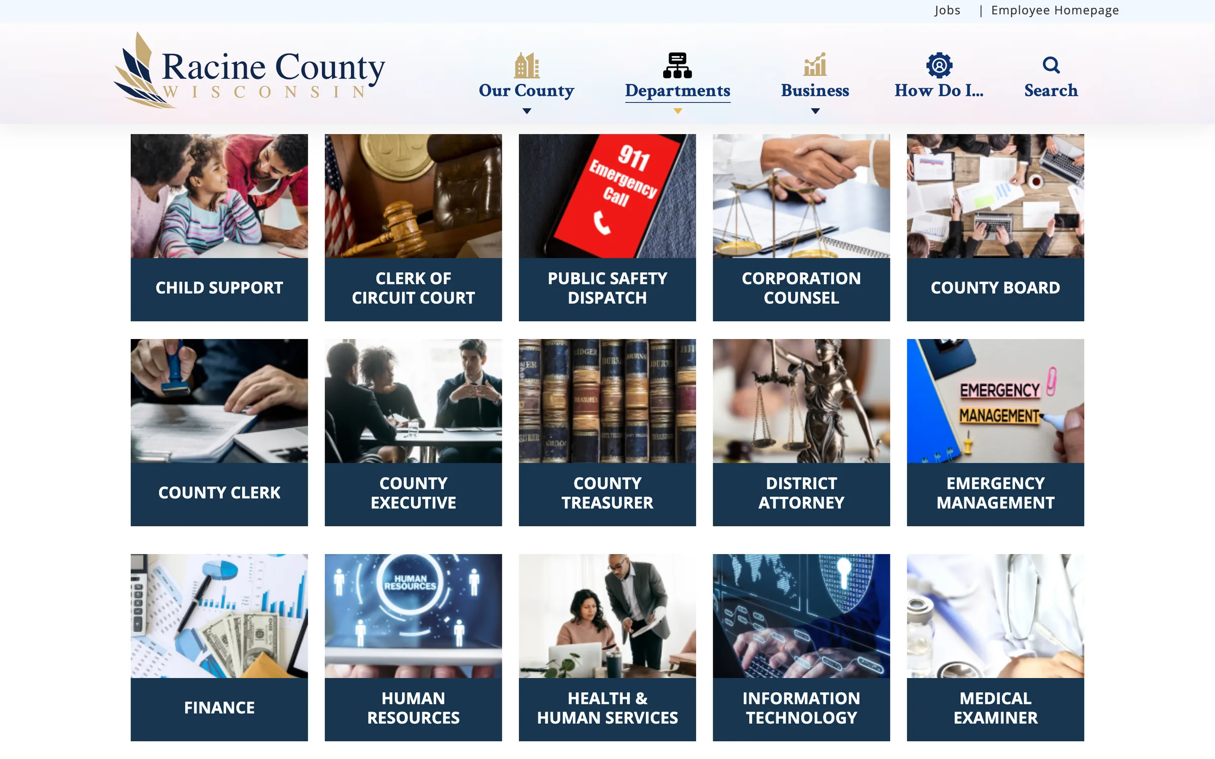 The Departments page: a grid of photo tiles for Child Support, Clerk of Circuit Court, Public Safety Dispatch, Corporation Counsel, County Board, Finance, Human Resources and more