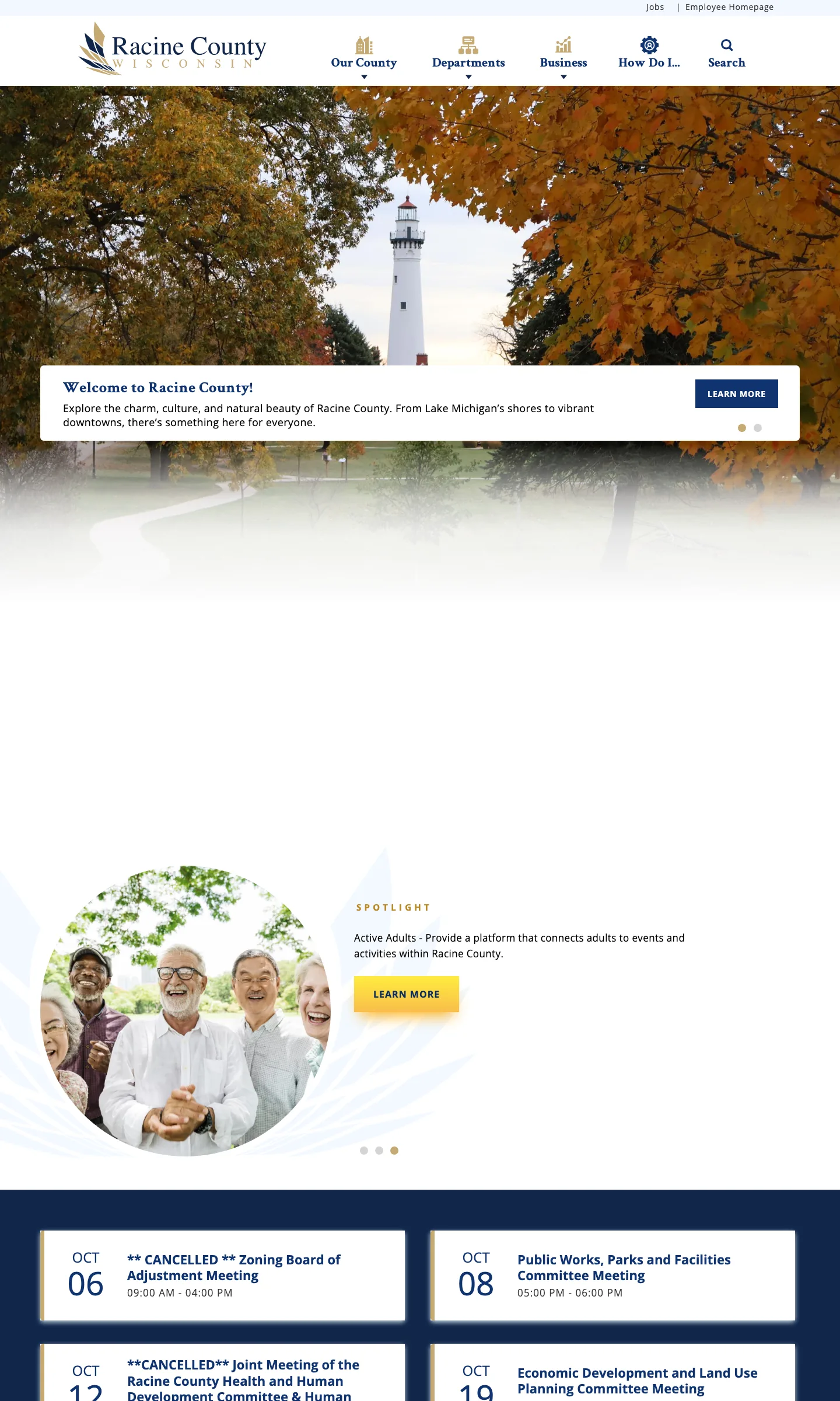 The full Racine County homepage from header to footer
