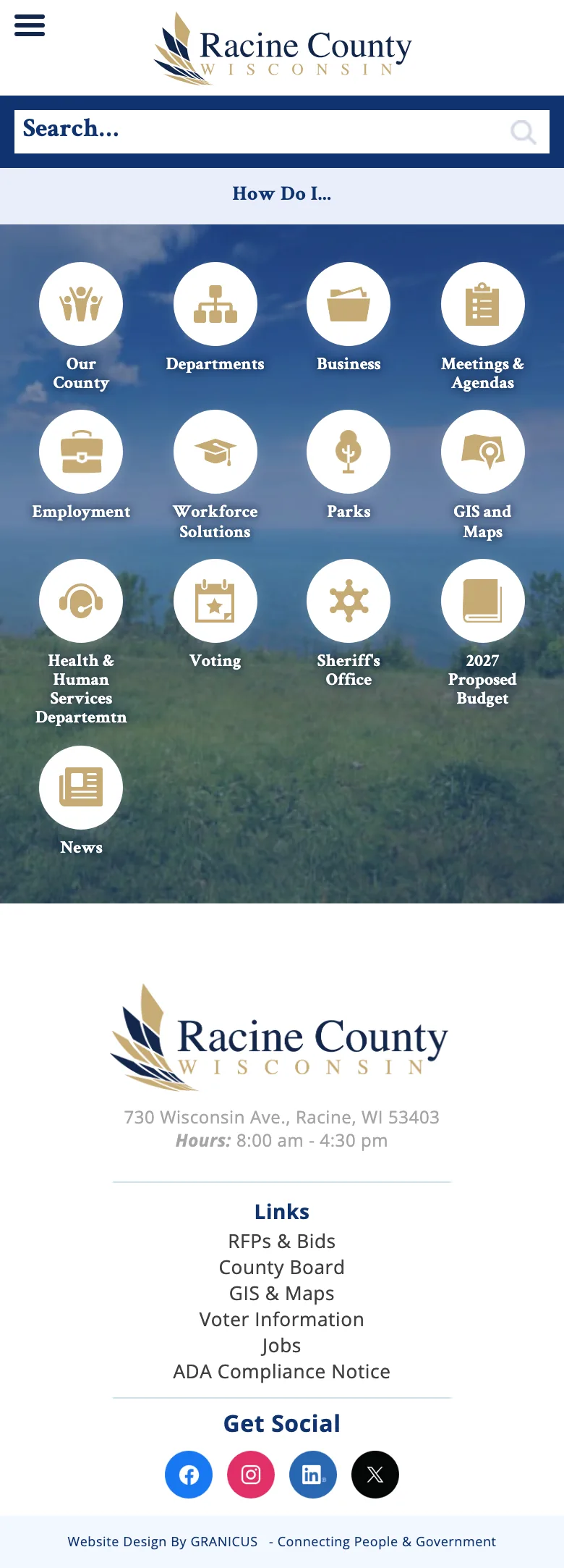 The full Racine County homepage on a phone