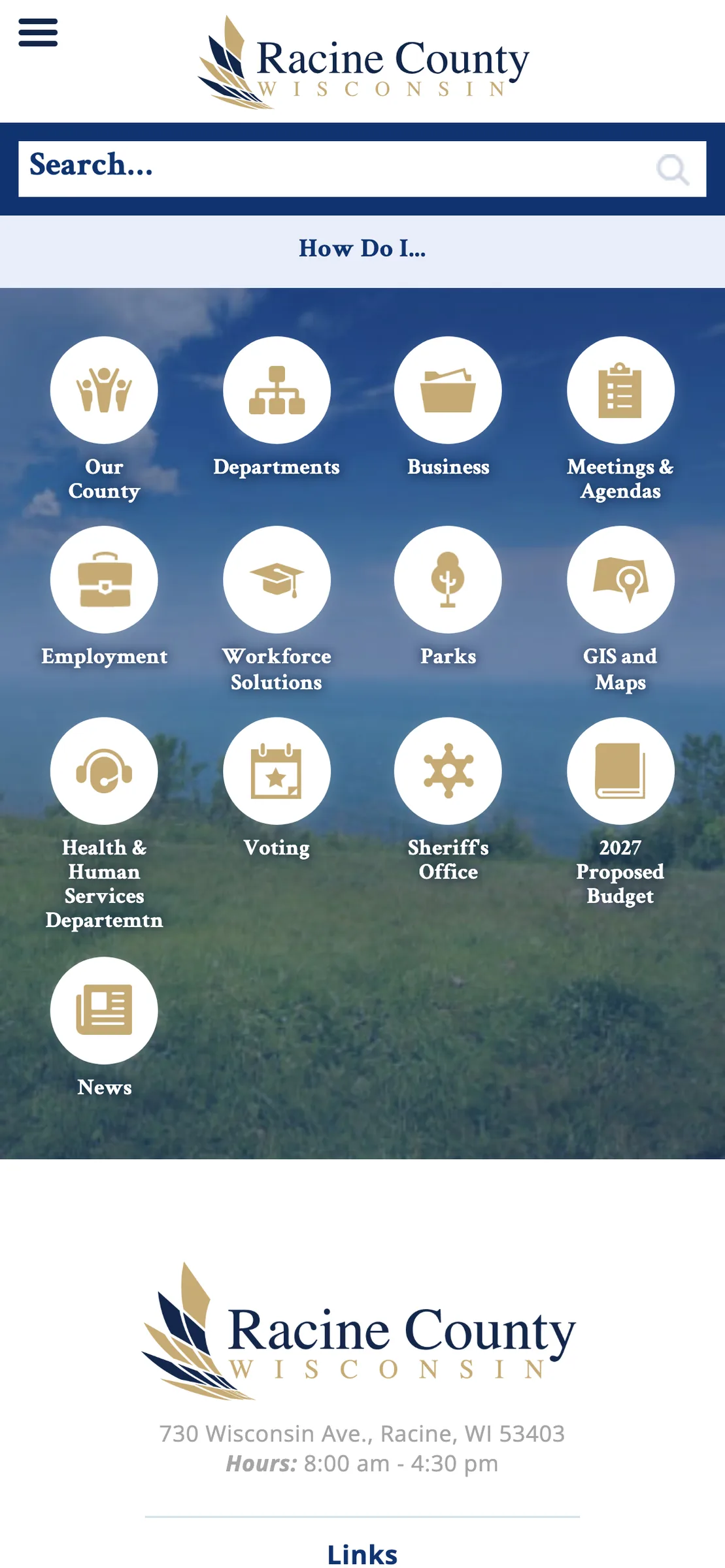 The same homepage on a phone, with icon shortcuts to county services