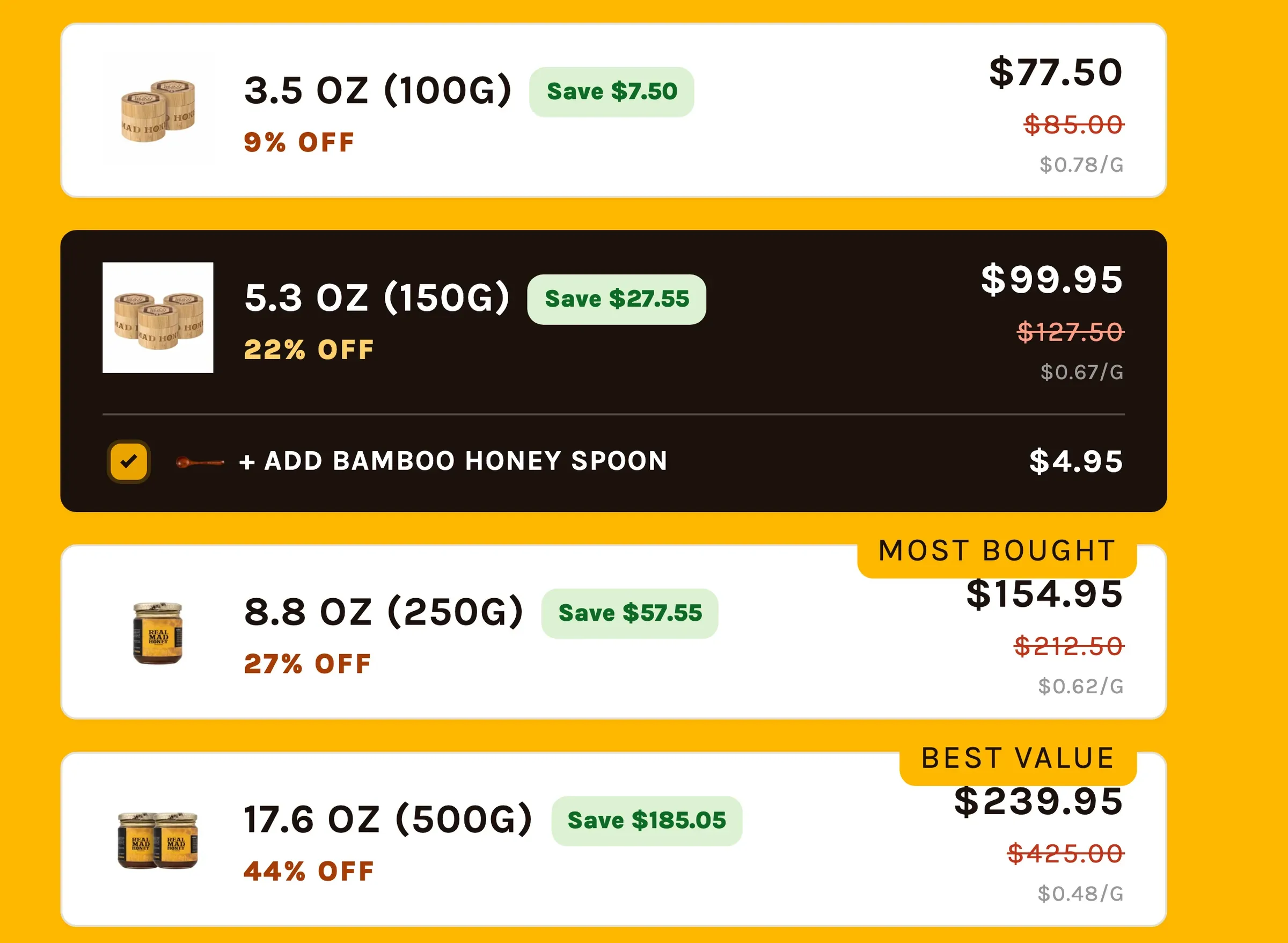 Close-up of the size choice: jars from 3.5 oz to 17.6 oz, each with its saving and price per gram, Most bought and Best value labels, and an optional bamboo honey spoon